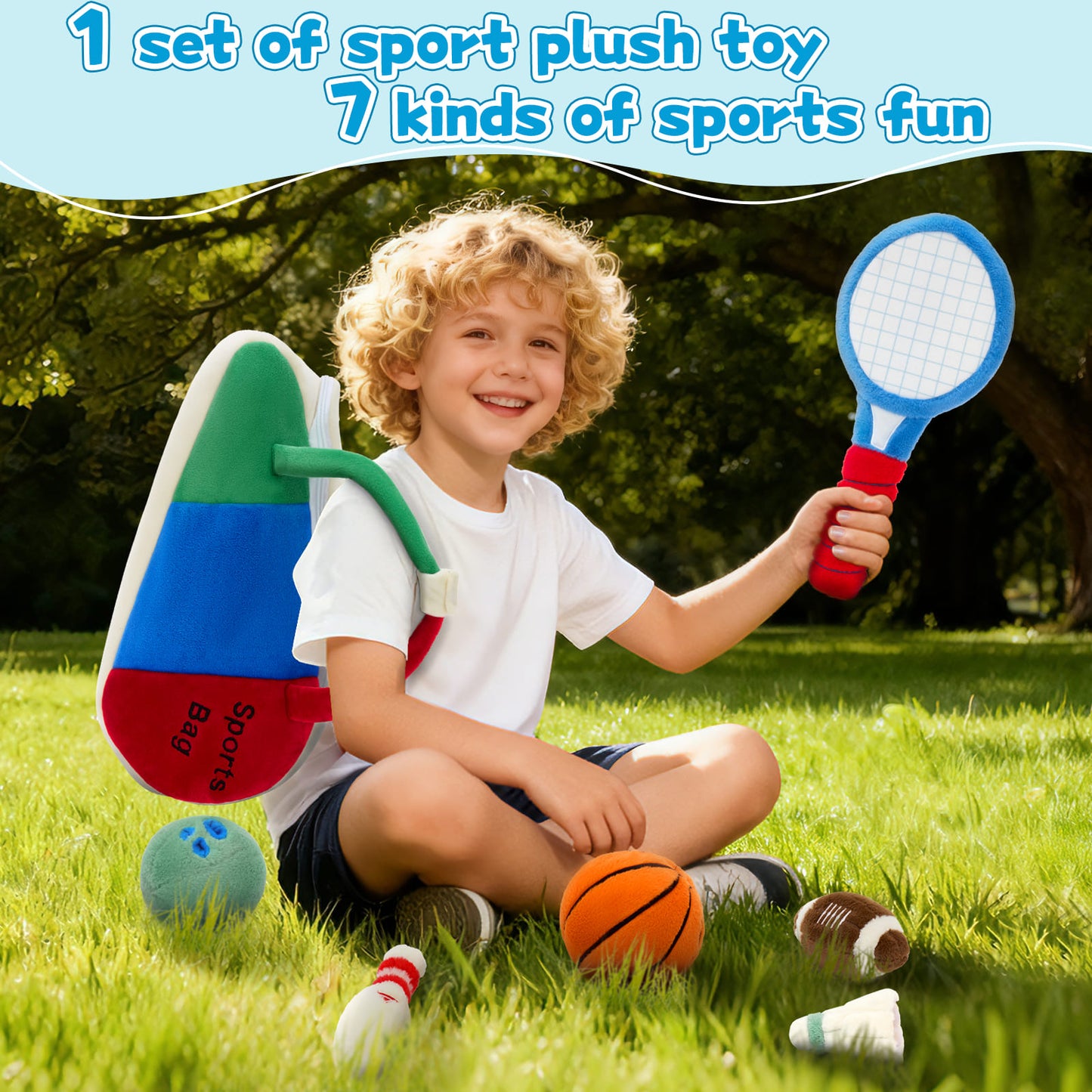 A Sport Bag, Bowling Ball, Bowling Pin, Football ( Rugby ), Tennis Racket, Shuttlecock, and a Basketball Plush Toy Set - Perfect Gift for Little Sports Fans