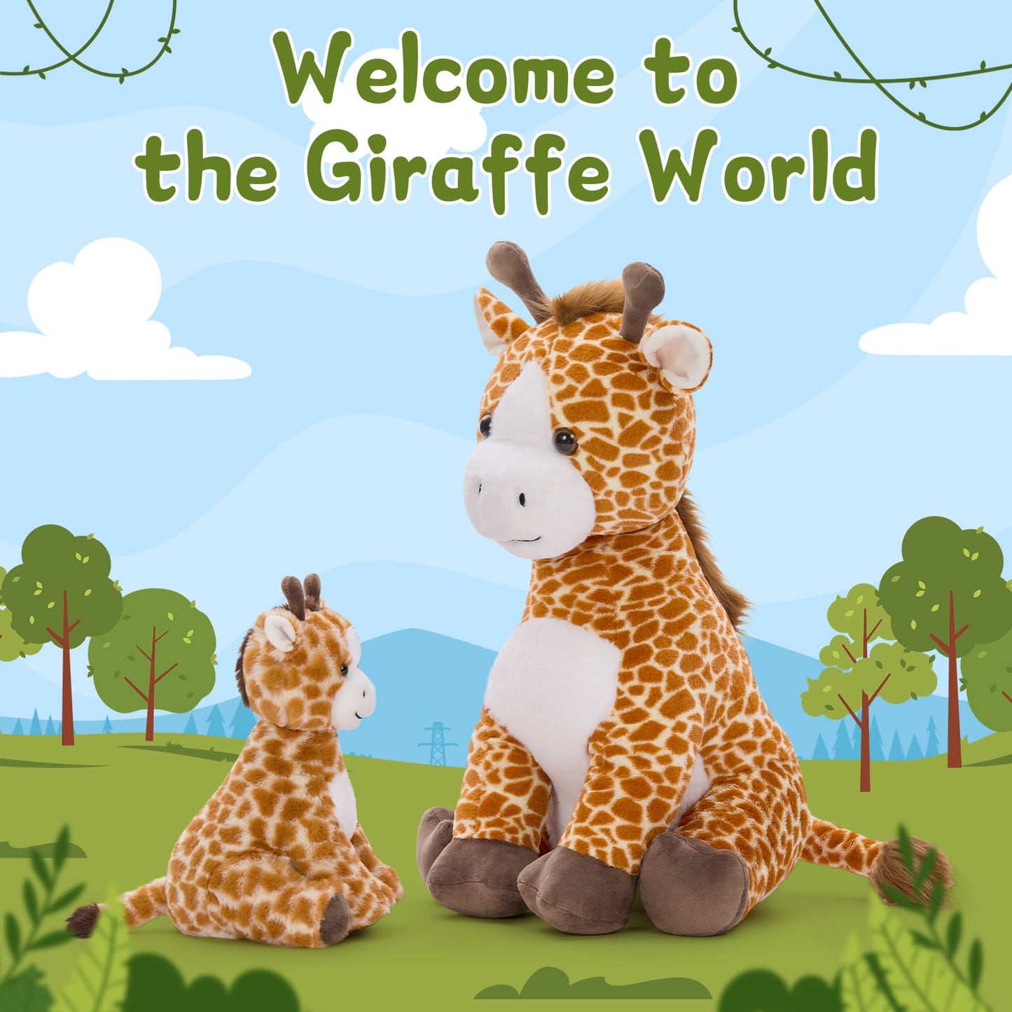 Safari-themed giraffe plush toy duo featuring a large cuddly giraffe and small baby giraffe stuffed animal, perfect as a birthday gift, baby shower present, nursery accessory, or collectible plush toy.