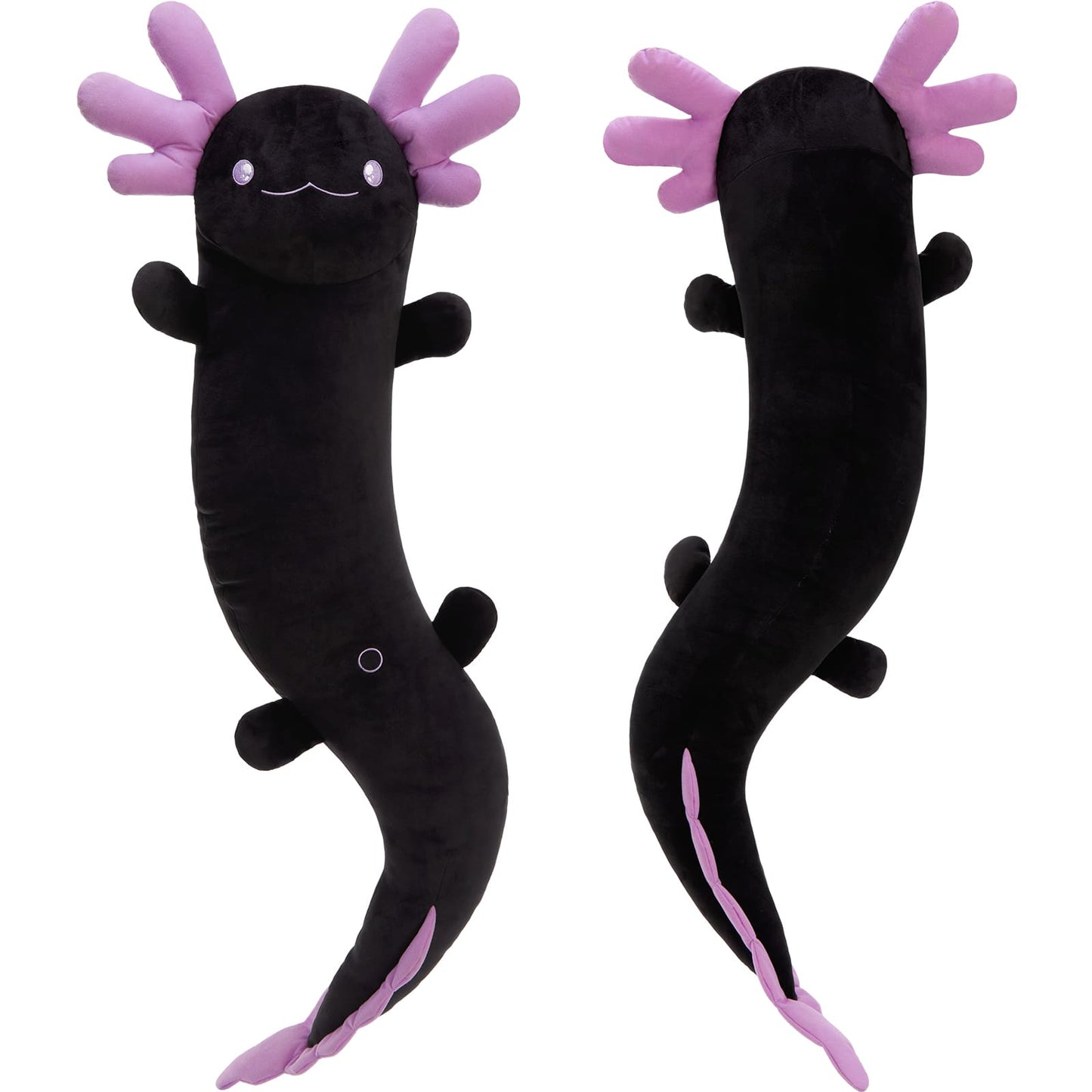 Two plush axolotls with pink gills on a white background