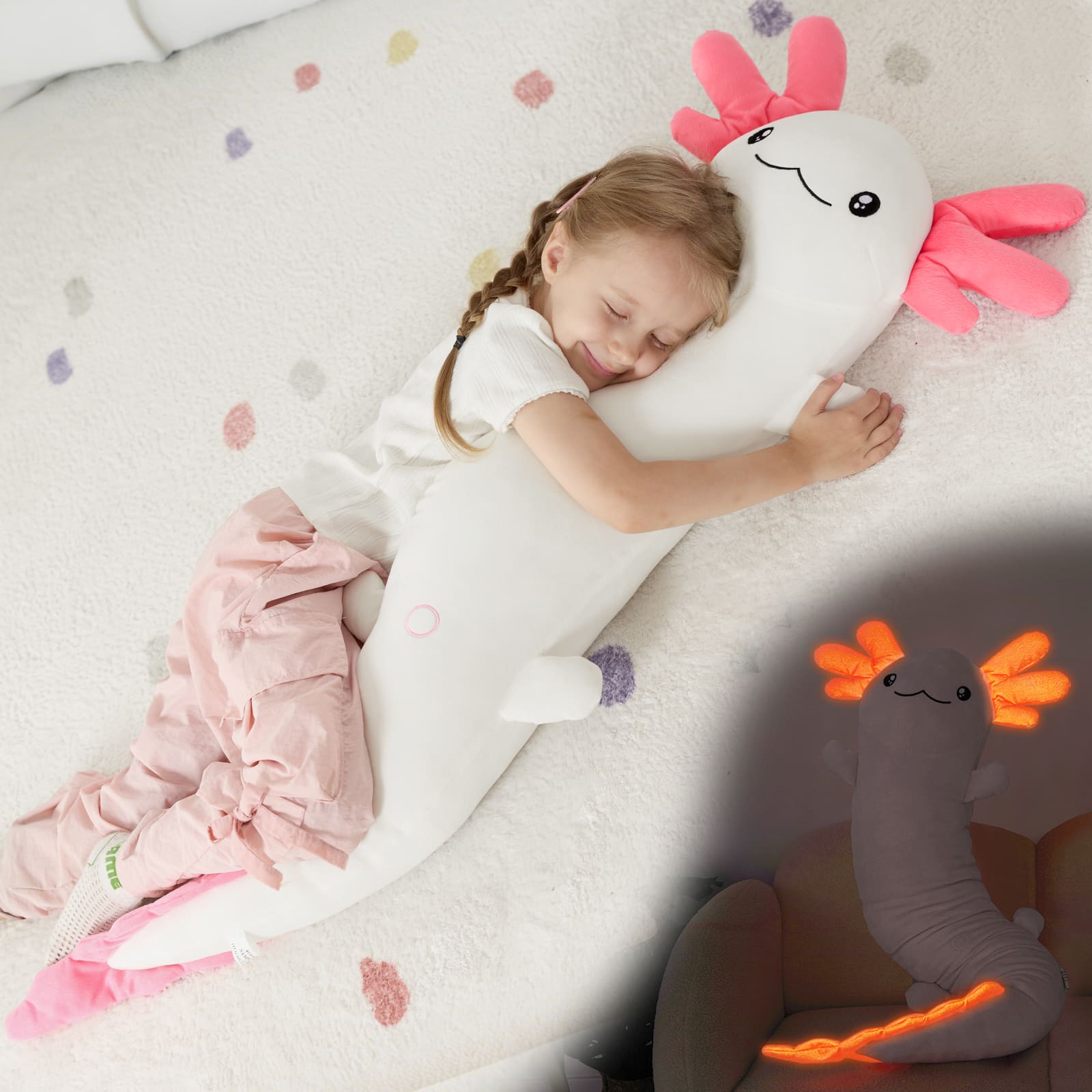 Giant Cozy Axolotl Long Throw Pillow, Red/Pink/Mint Green/Blue, 48 Inches