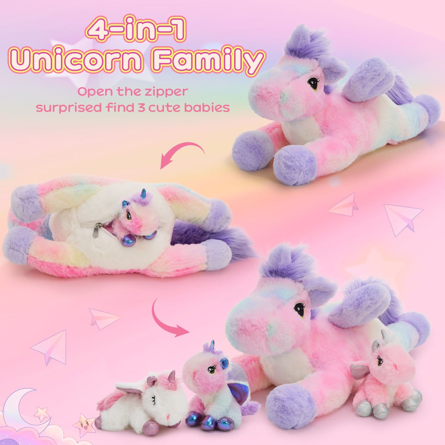 Light night unicorn plush toy set with glowing eyes and star, soft pastel rainbow stuffed unicorns, cute plush unicorn gift for kids and girls