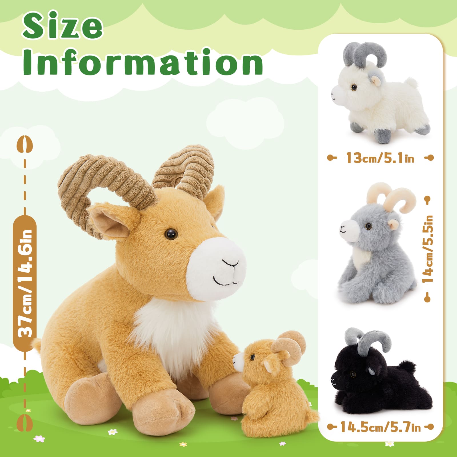 Goat Stuffed Animals - Farm Plush Toys - One Mommy Goat with Four Goat Babies - Birthday Farm Party Decors Sleeping Companion - Farm Party Favors - Free Shipping