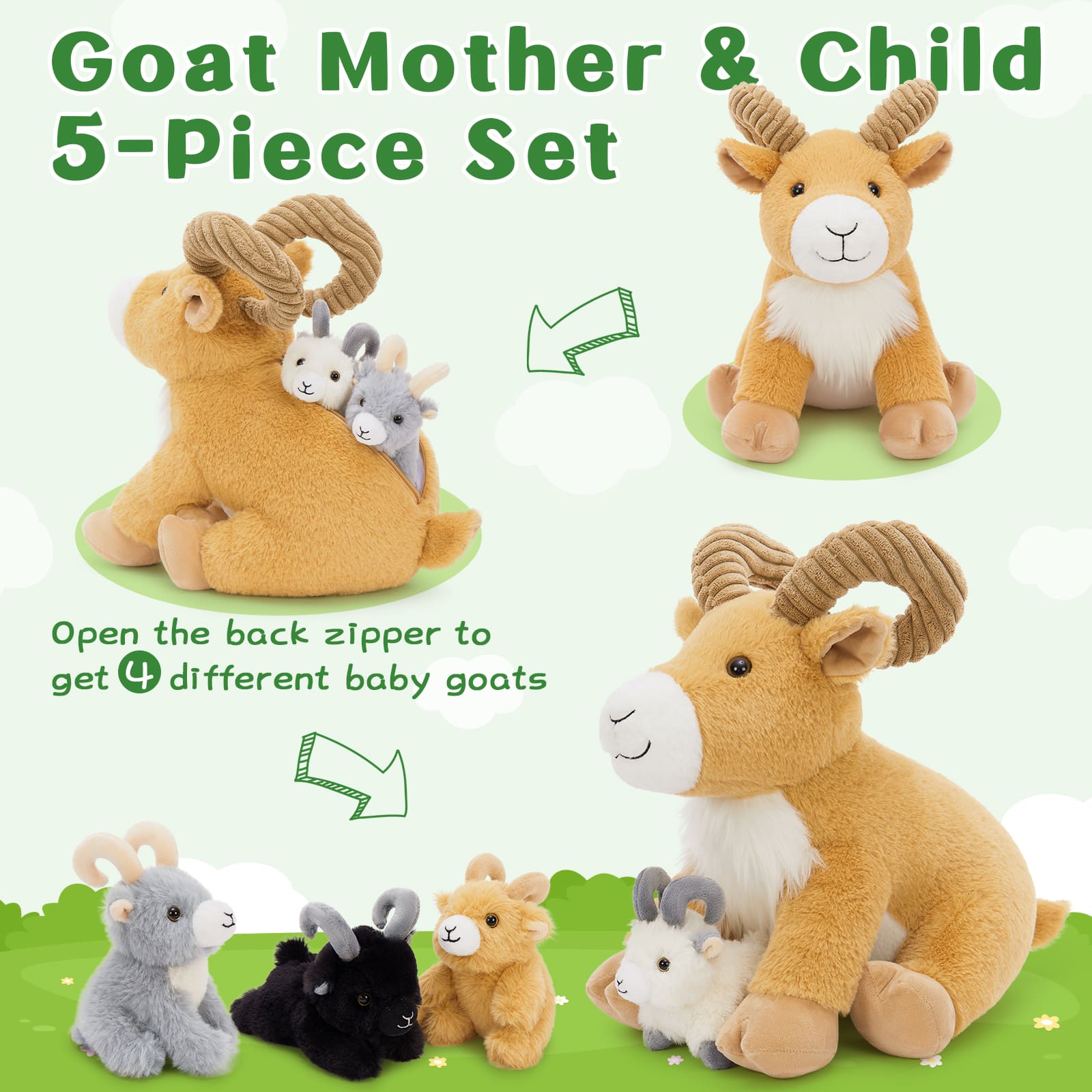 Goat Stuffed Animals - Farm Plush Toys - One Mommy Goat with Four Goat Babies - Birthday Farm Party Decors Sleeping Companion - Farm Party Favors - Free Shipping