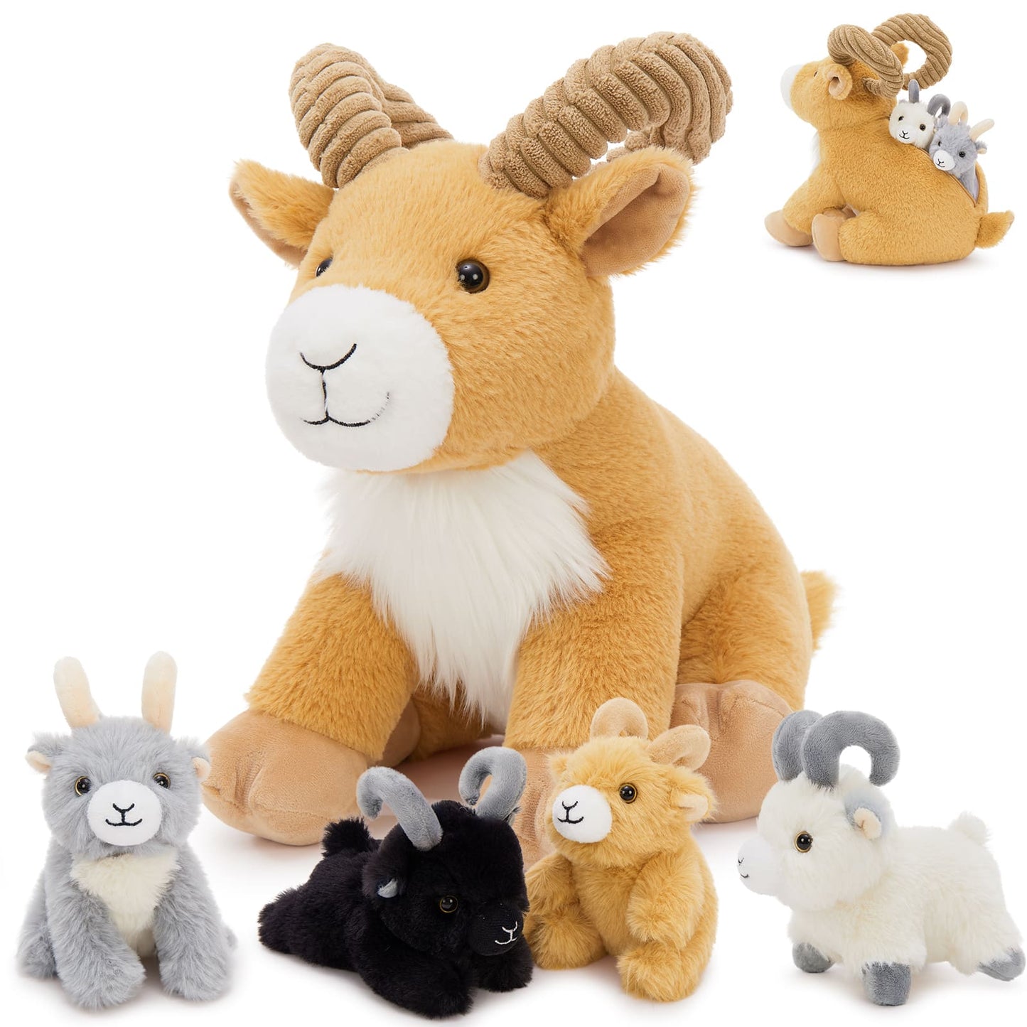 Goat Stuffed Animals - Farm Plush Toys - One Mommy Goat with Four Goat Babies - Birthday Farm Party Decors Sleeping Companion - Farm Party Favors - Free Shipping