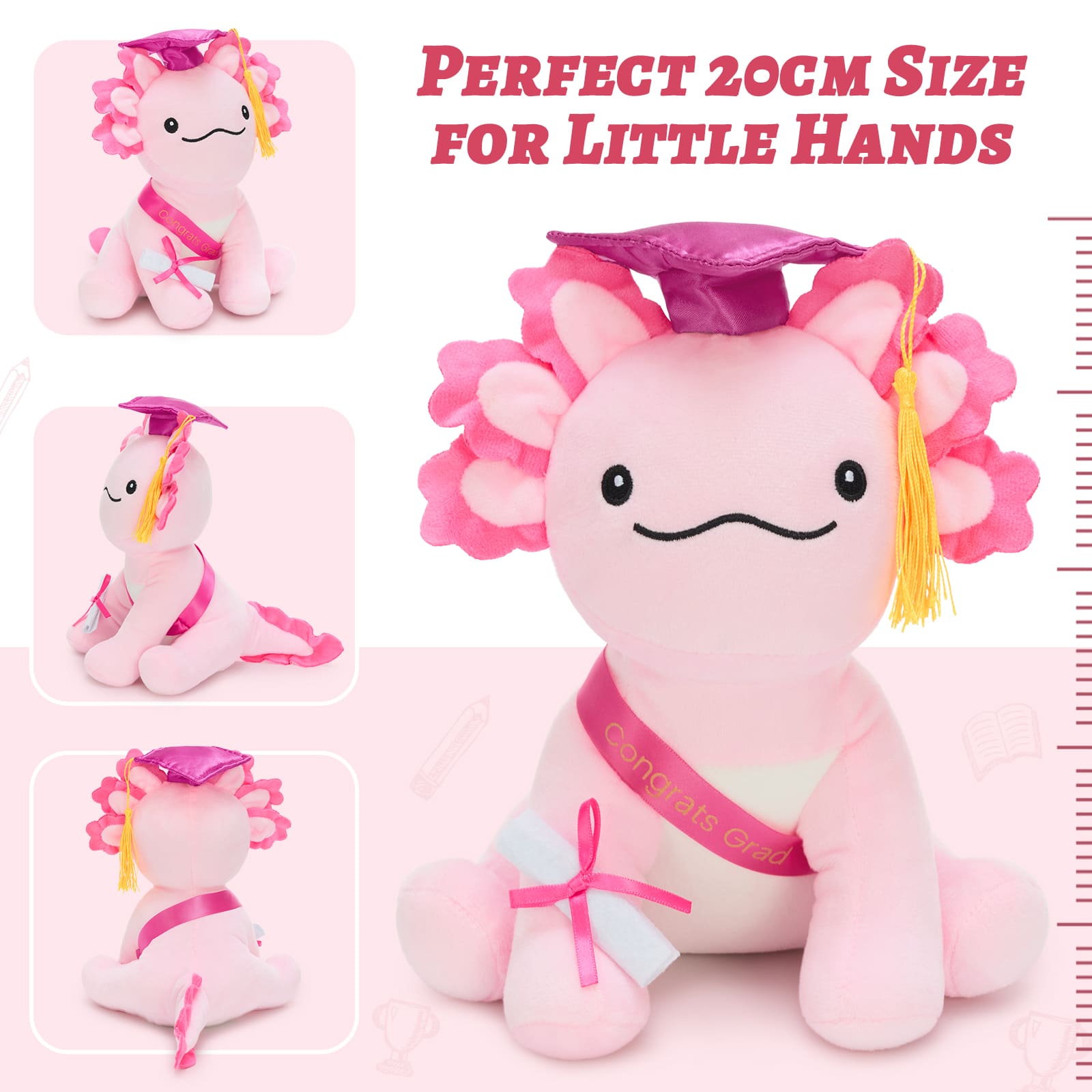 Cute pink axolotl graduation plush wearing a black mortarboard and bright graduation sash, holding a certificate, ideal for celebrating high school or college graduation achievements.
