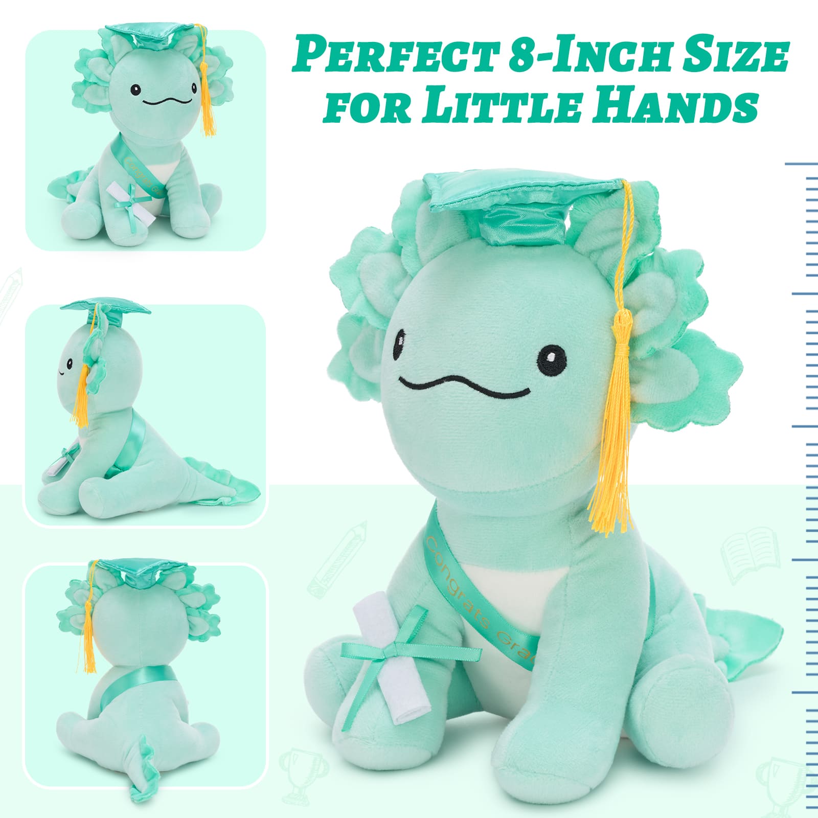 Funny graduation-themed axolotl plush toy with detailed cap and certificate, perfect as a collectible stuffed animal gift for college and high school graduates.