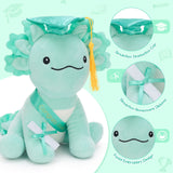Adorable 8 inch axolotl plush dressed in graduation outfit with mortarboard and “Congratulations” sash, designed as a soft, cute, and meaningful graduation gift.