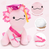 Small 8 inch axolotl stuffed animal plush toy dressed in graduation outfit, including cap, sash, and diploma accessory, designed as a kawaii collectible graduation gift.