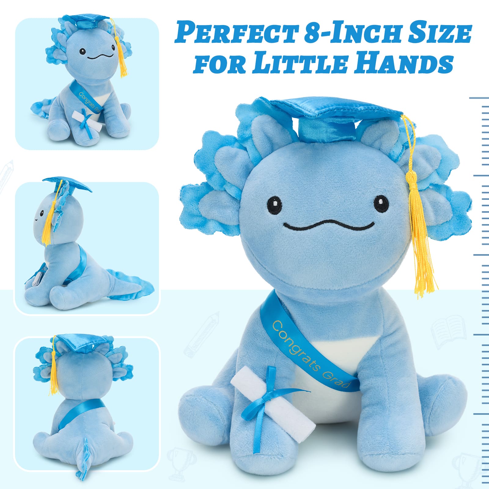 Kawaii-style axolotl stuffed plush wearing a graduation cap and colorful sash, holding a scroll certificate, designed as a soft and cute graduation keepsake gift.