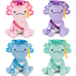 Cute 8 inch axolotl plush toy wearing a black graduation cap and colorful “Congratulations” sash, holding a small graduation certificate, perfect as a graduation gift for students.