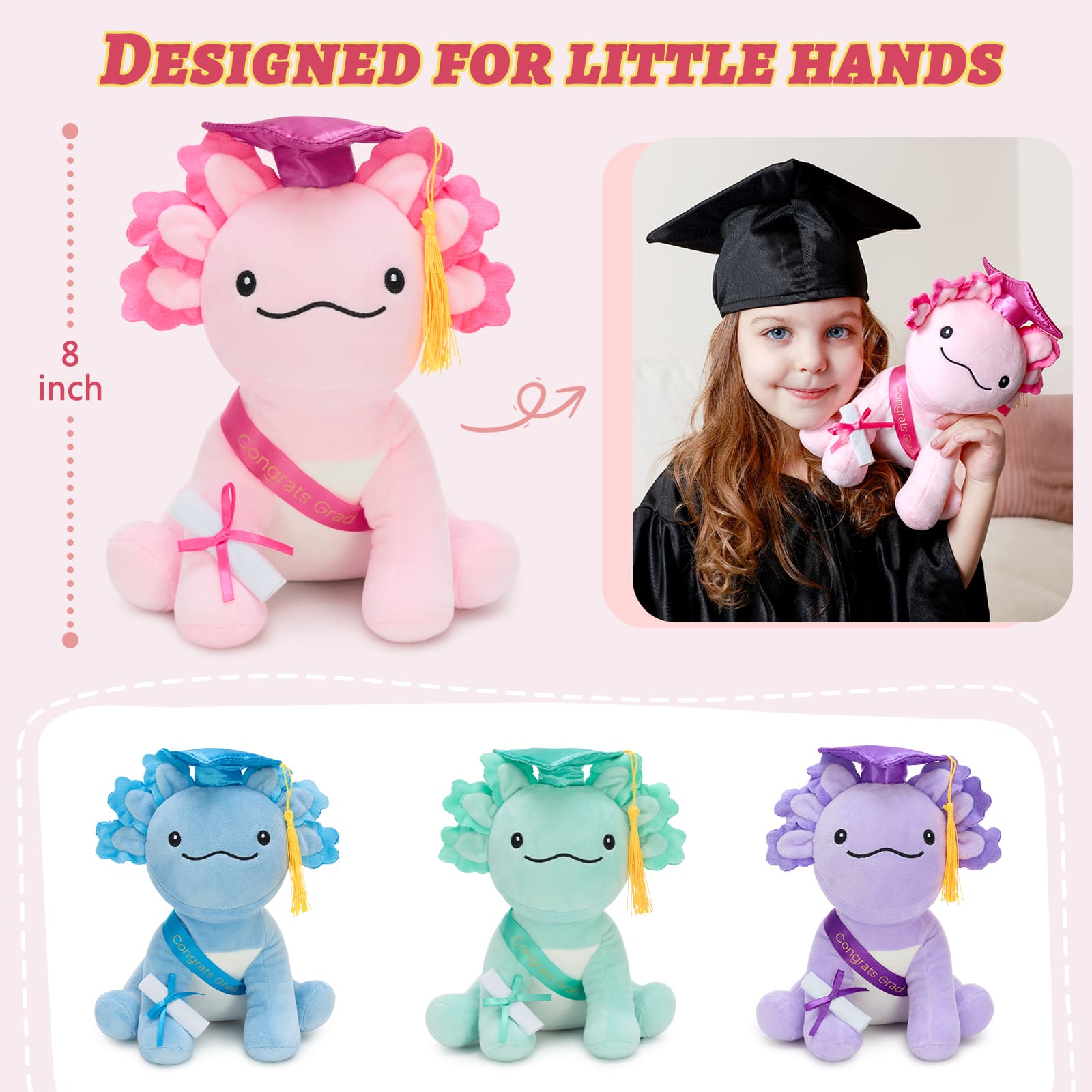 Adorable kawaii axolotl stuffed animal dressed in graduation attire, featuring a mortarboard cap and celebratory sash, designed as a unique keepsake graduation gift for college graduates.