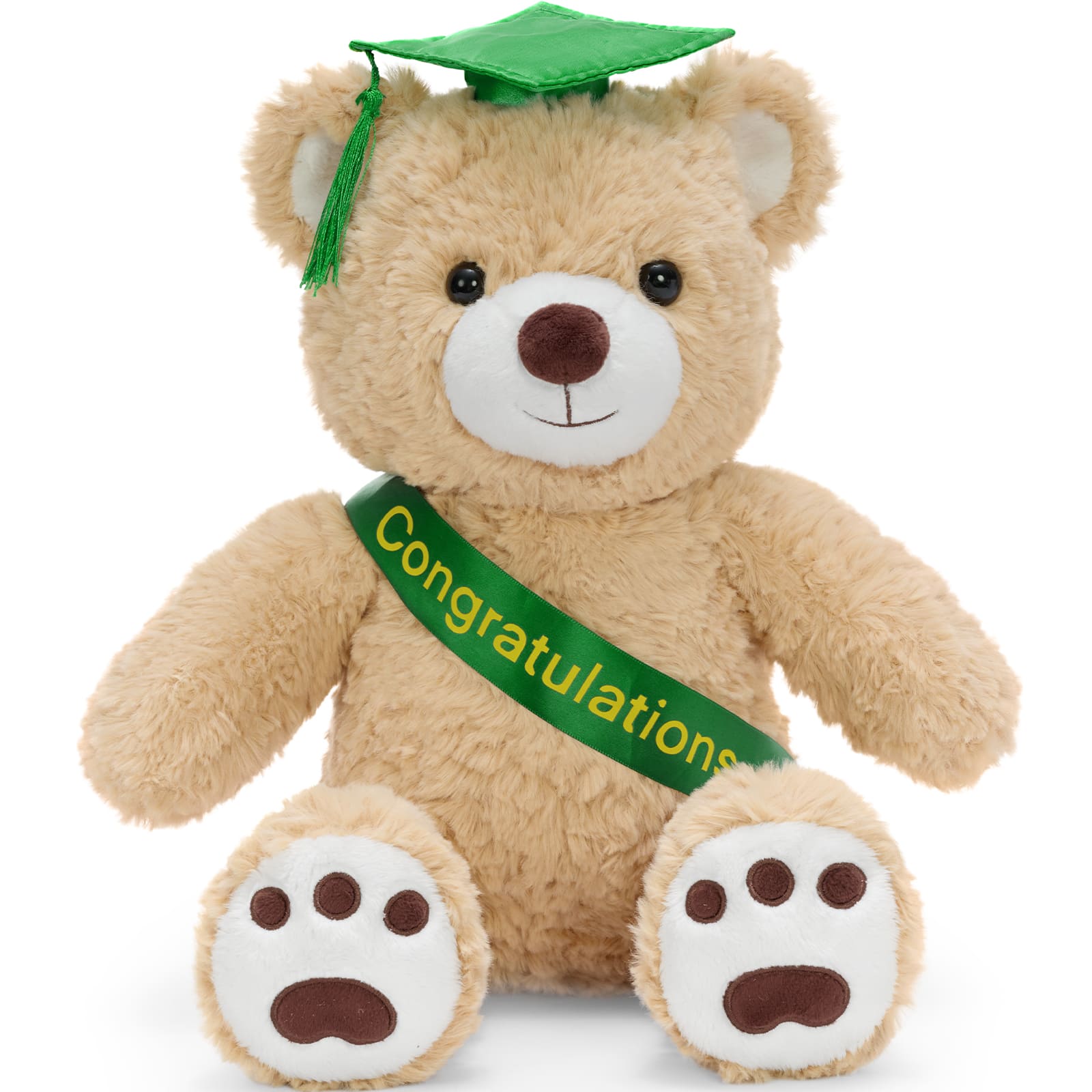 Soft teddy bear wearing a green graduation cap and congratulations sash