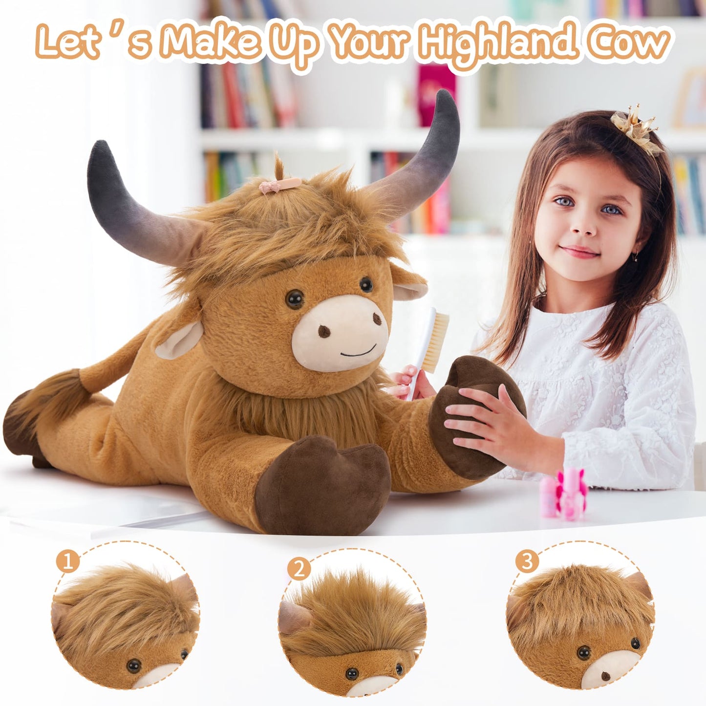 MorisMos Big Highland Cow Stuffed Animal for Kid, Large Cow Plush Pillow for Riding, Longhorn Stuffed Animal with Hair, Large Plush Farm Animal for Baby Shower, Birthday Gift, 32 inches