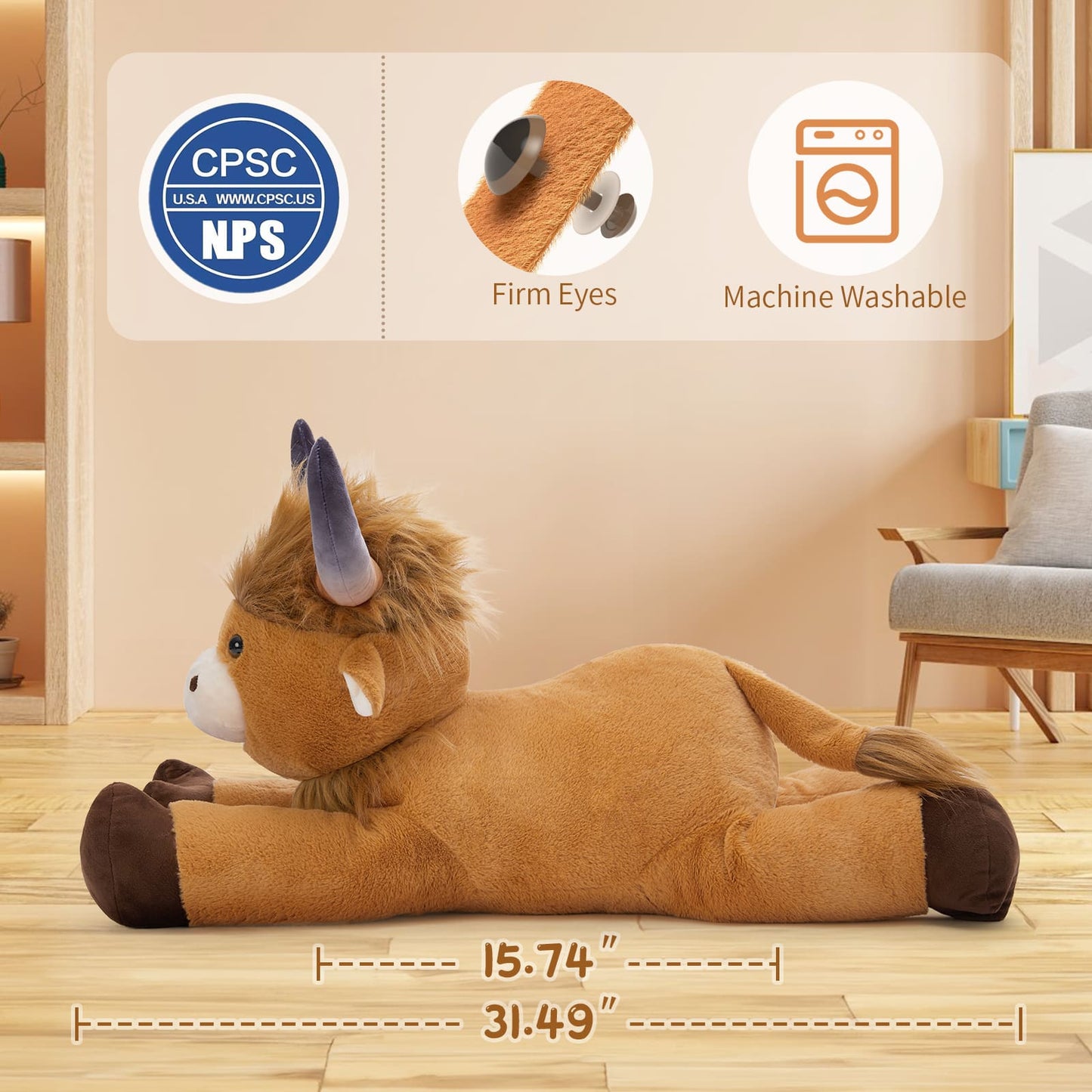 MorisMos Big Highland Cow Stuffed Animal for Kid, Large Cow Plush Pillow for Riding, Longhorn Stuffed Animal with Hair, Large Plush Farm Animal for Baby Shower, Birthday Gift, 32 inches