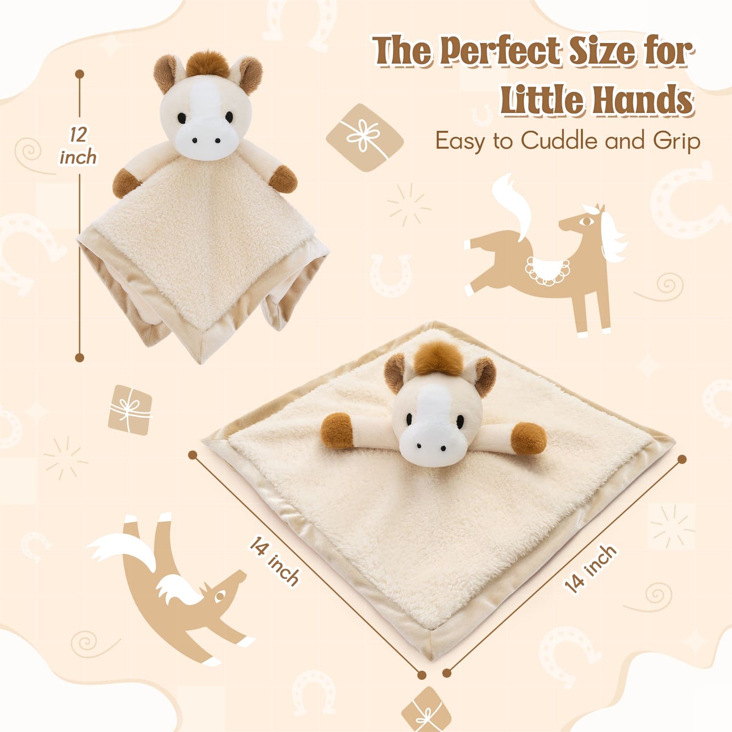 Cute plush horse 14 inches lovey security blanket for baby boys and girls made with ultra soft fabric, perfect toddler comfort blanket for cuddling, sleeping, and soothing.