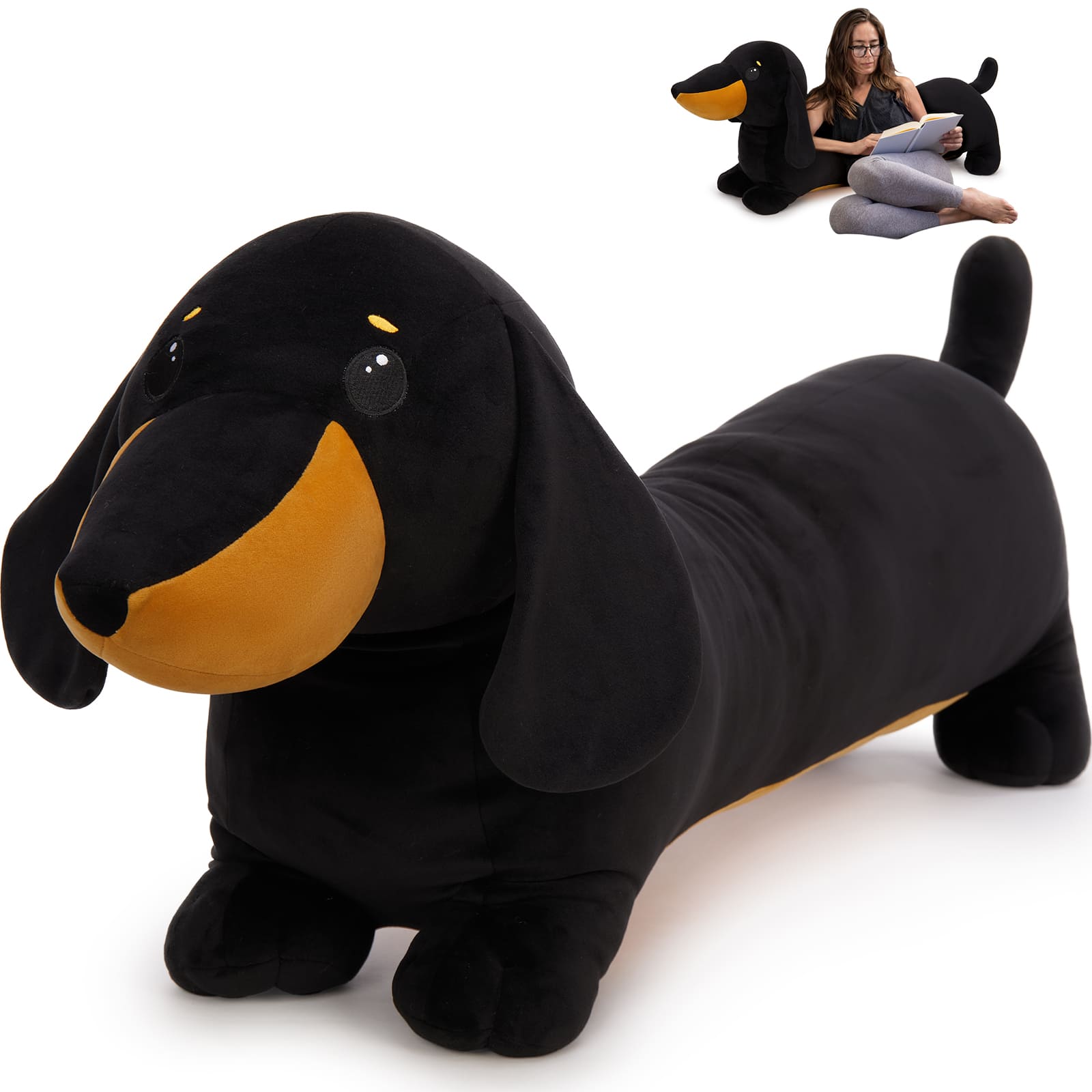 Dachshund Plush Pillow Dog Stuffed Animals, Brown/Black, 43.3 Inches
