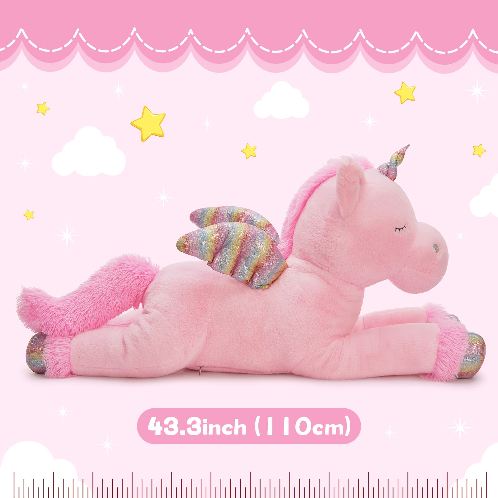 Giant Pink Unicorn Plush Toys - 43 Inches Stuffed Unicorn Toys - Cute Cartoon Unicorn Plush Pillows - Unicorn Plushies with Glittering Wings - Gifts for Girlfriend Girls Boys Kids Birthday Valentine's Day Christmas