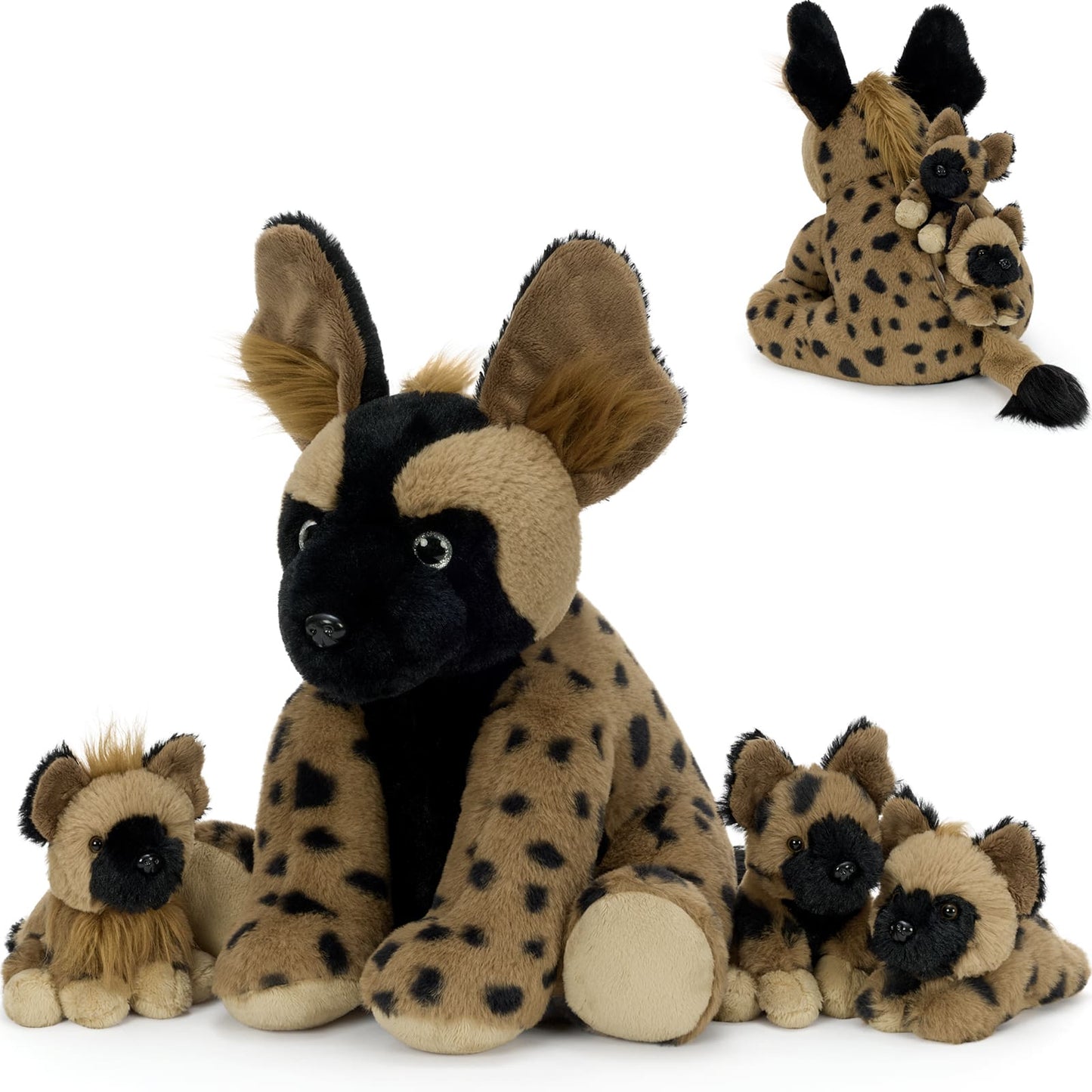 Collection of plush hyenas on a white background
