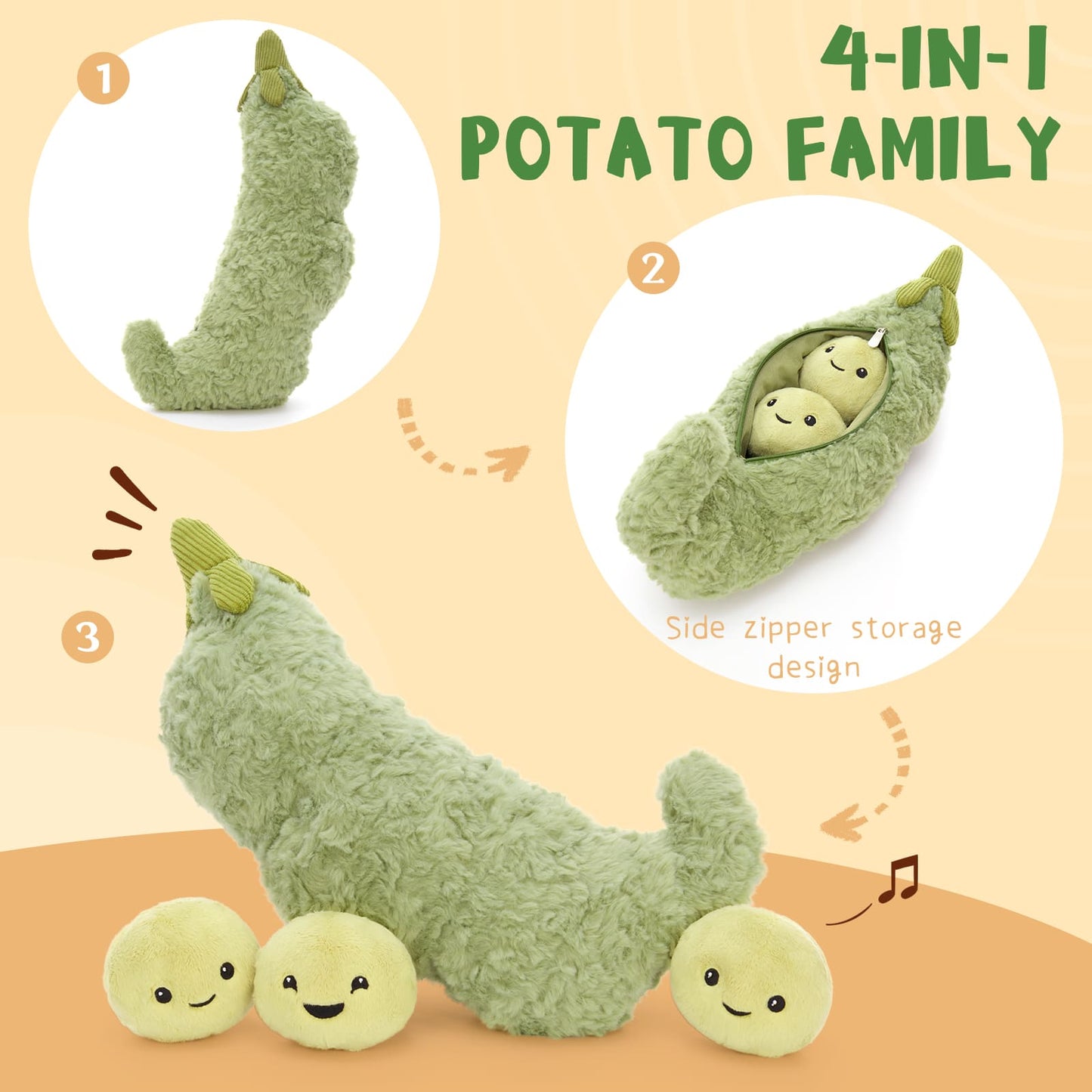 Large green pea pod plush stuffed toy measuring 15.7 inches with three 3.1 inch plush beans, adorable kawaii plushie ideal for home decor, cute gifts, stuffed animal collection, and cozy cuddles