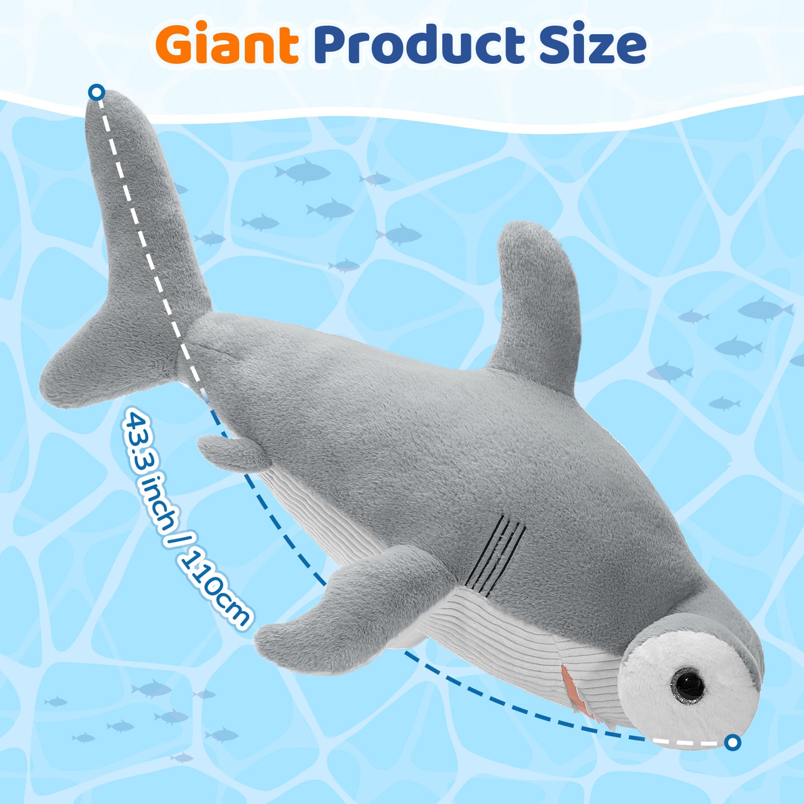 Giant Hammerhead Shark Plush Toy, Grey, 43.3 Inches