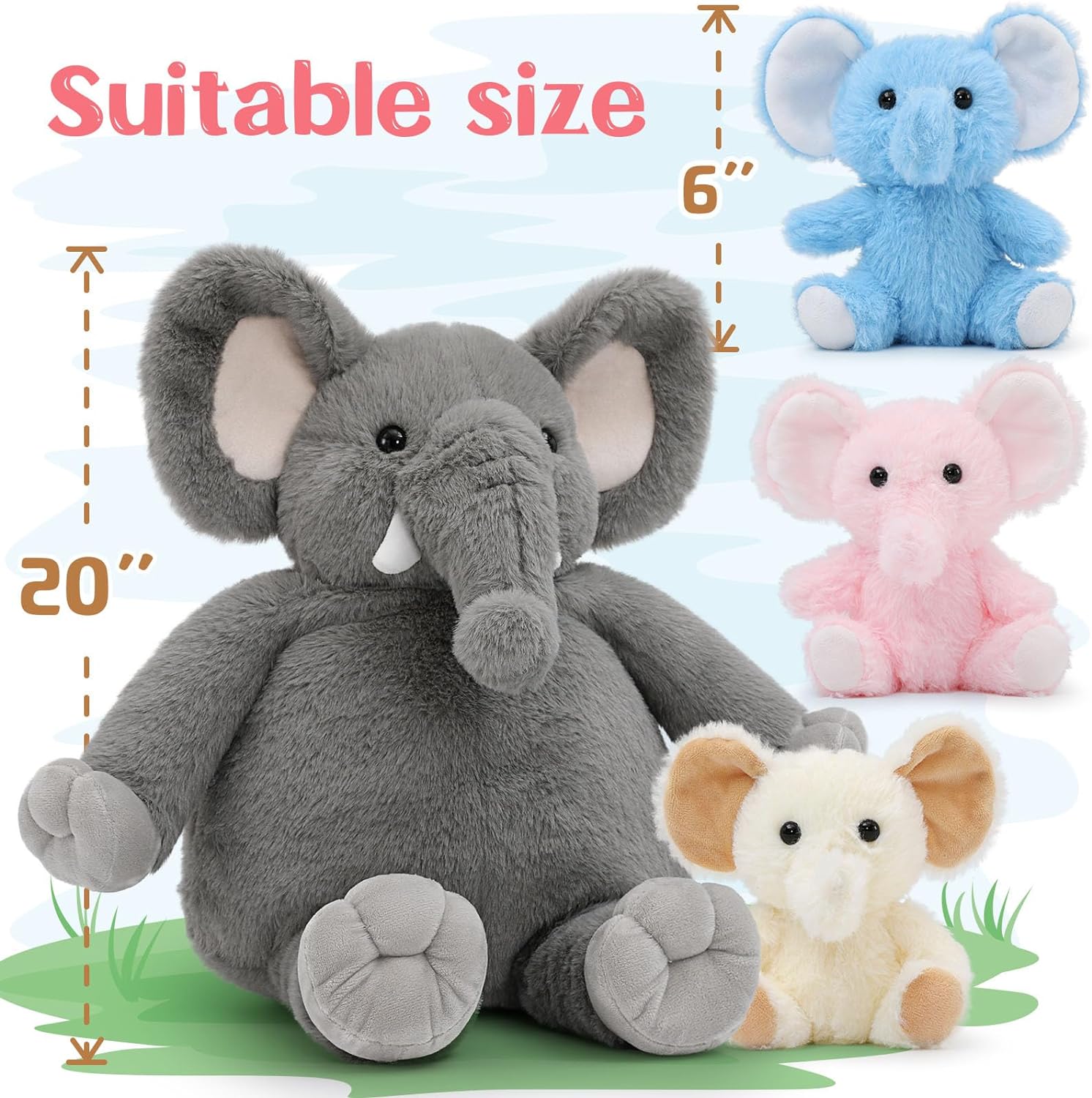 Elephant Plush Toy Set, Grey, 20 Inches