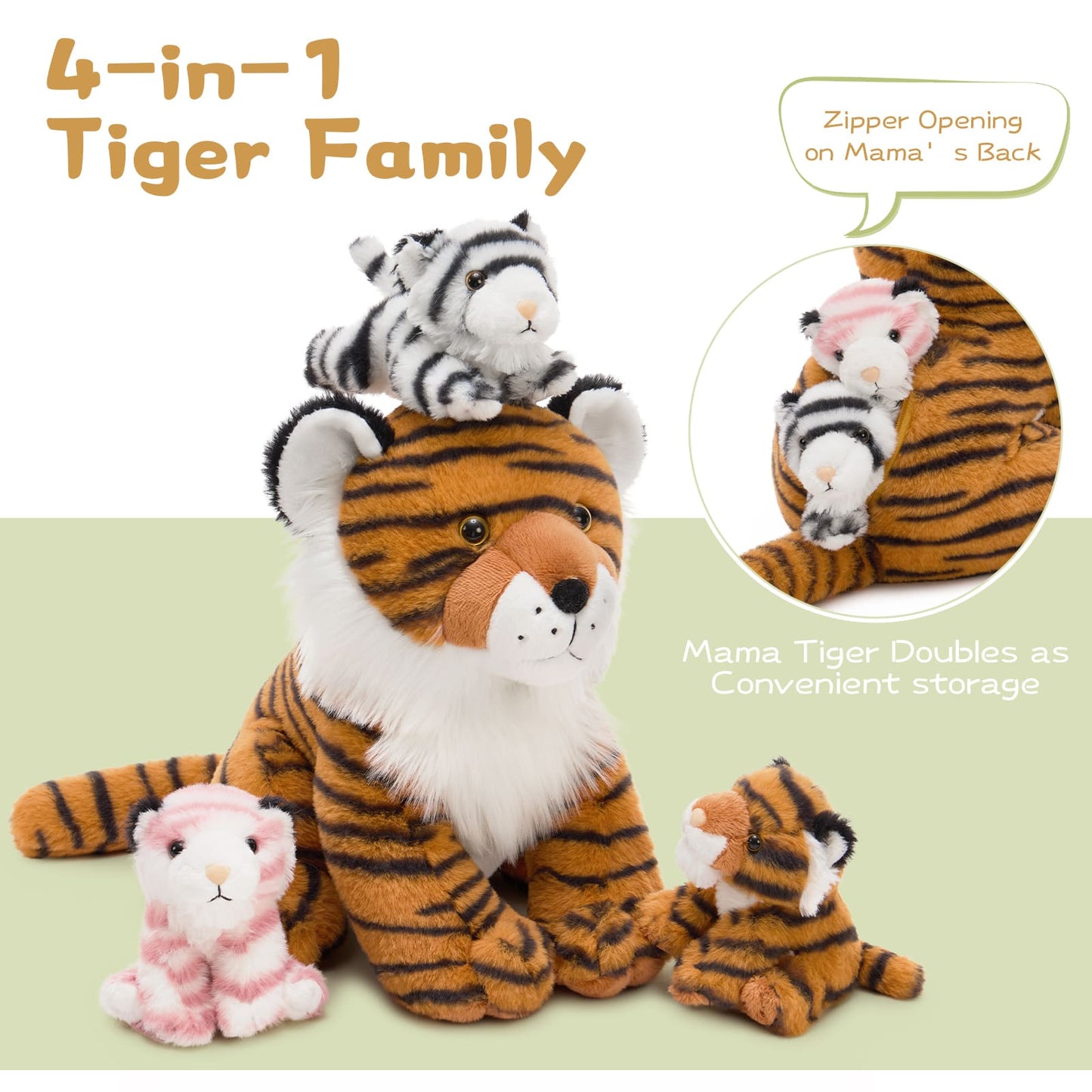 Premium Tiger Stuffed Animal Family Set with realistic striped tiger plush and small companion plush toys, ideal as a gift for toddlers, kids, wildlife enthusiasts, nursery room decor, birthday presents, holiday gifts, and collectible animal plush toys.