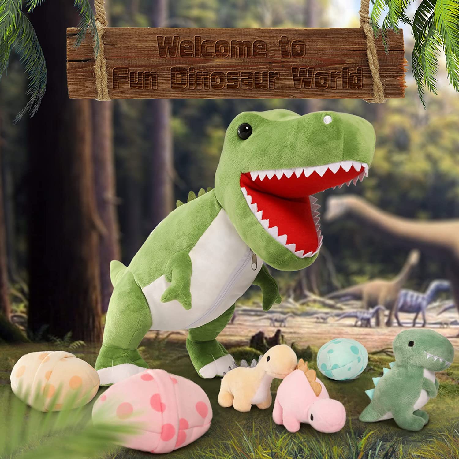 Dinosaur Stuffed Toy with 3 Baby Dinosaurs, Green/Pink/Grey, 23.6 Inches