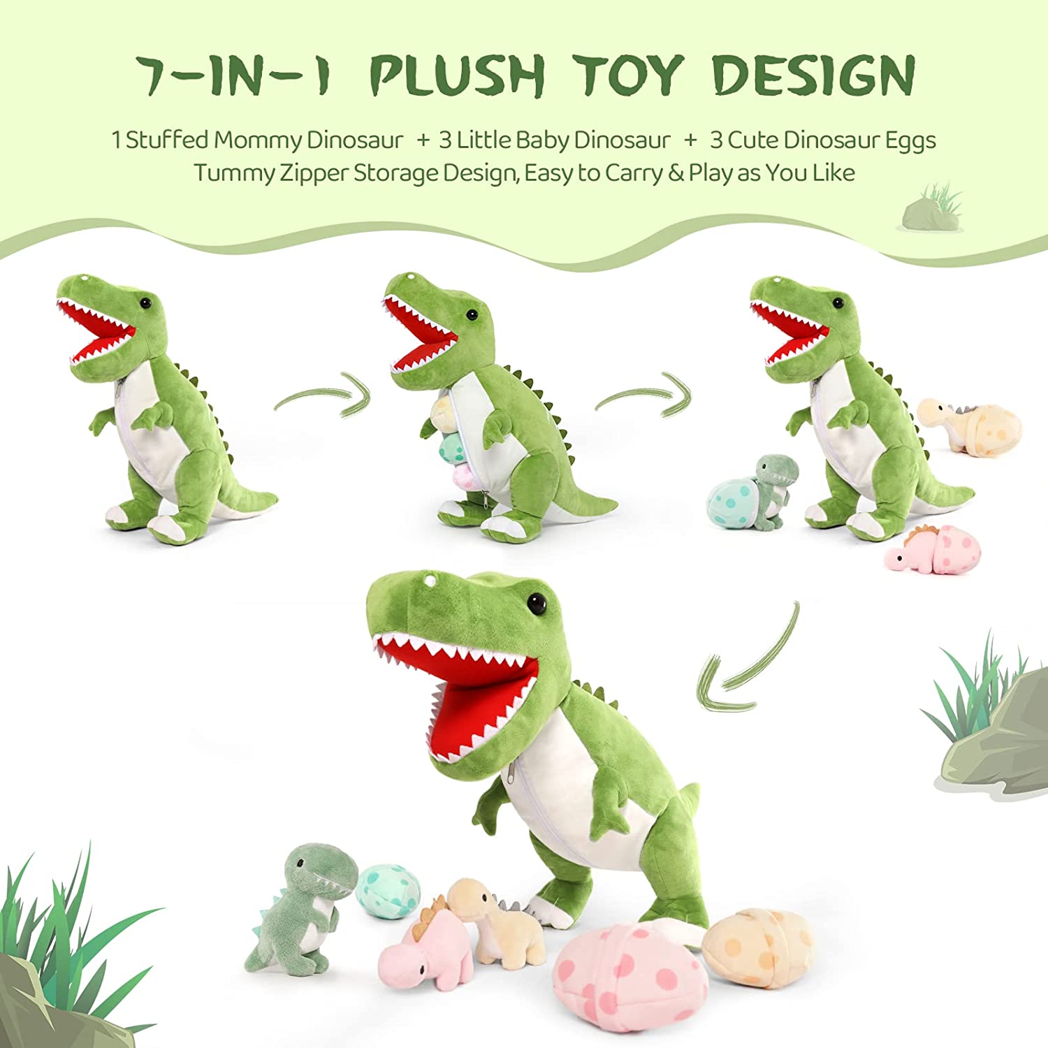Dinosaur Stuffed Toy with 3 Baby Dinosaurs, Green/Pink/Grey, 23.6 Inches