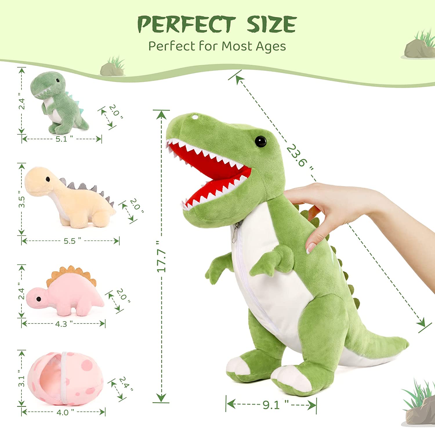Dinosaur Stuffed Toy with 3 Baby Dinosaurs, Green/Pink/Grey, 23.6 Inches