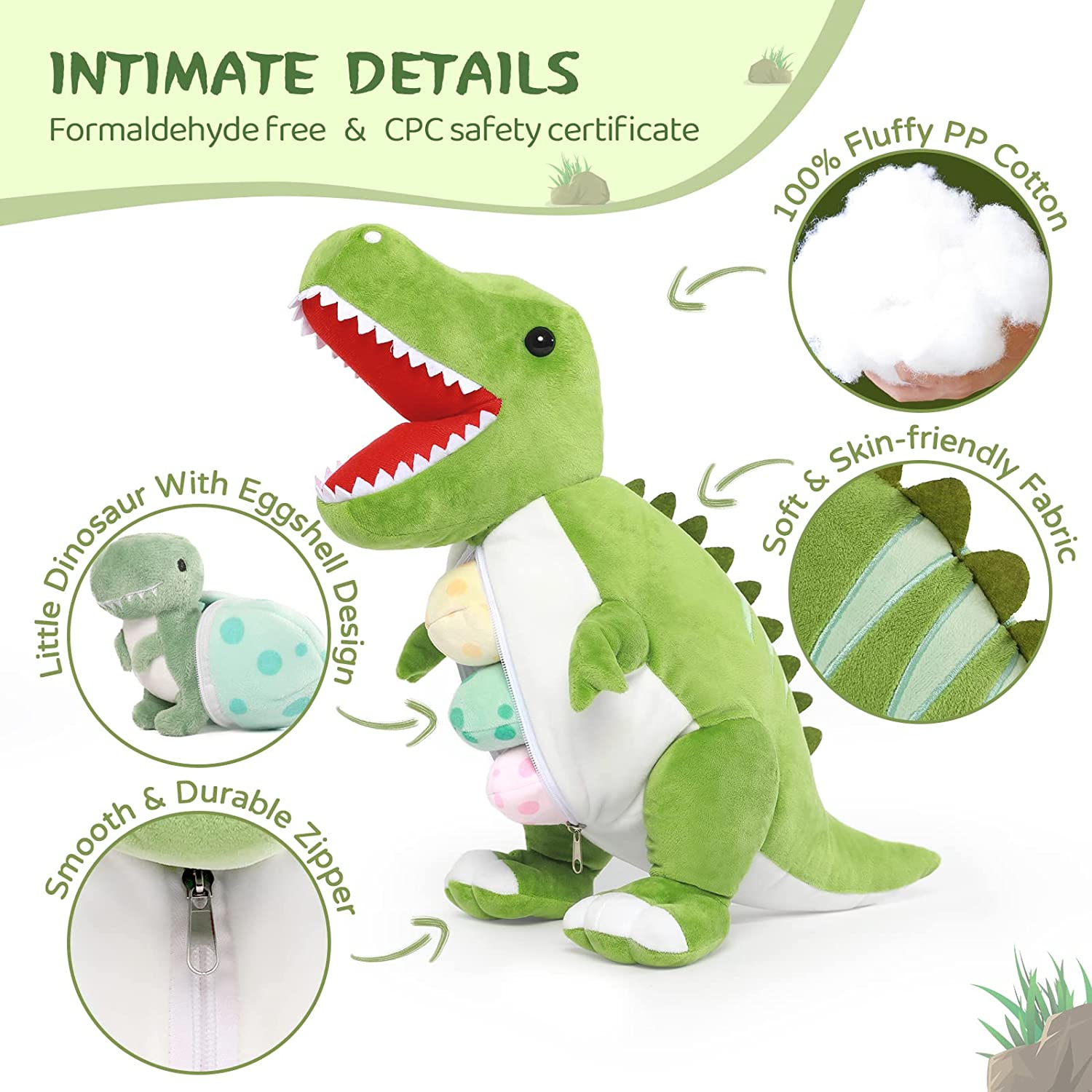 Dinosaur Stuffed Toy with 3 Baby Dinosaurs, Green/Pink/Grey, 23.6 Inches
