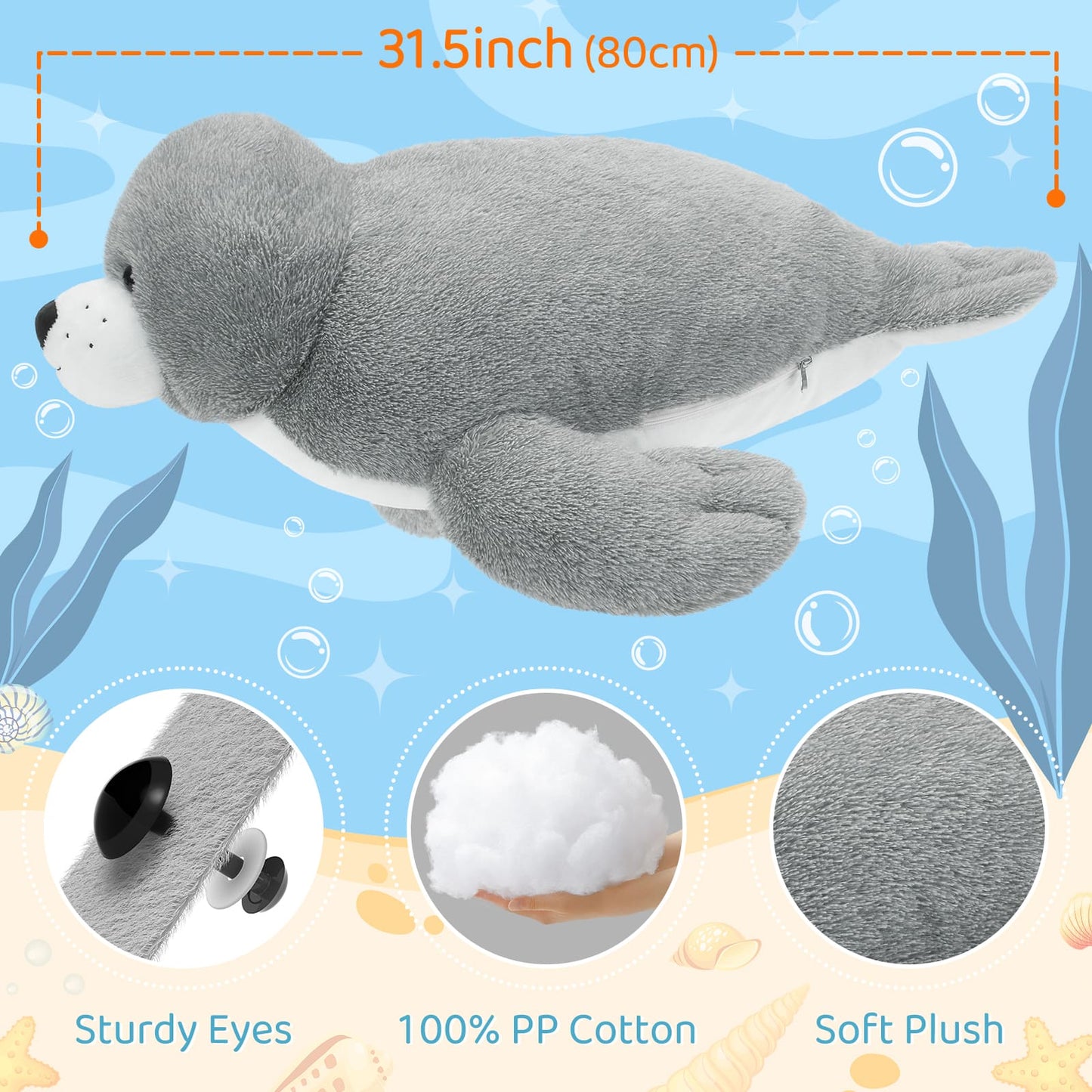 31 Inches Seal Plush Toy - 80 CM Plush Seal - Kawaii Seal Plush Pillows for All Ages - Free Shipping Stuffies