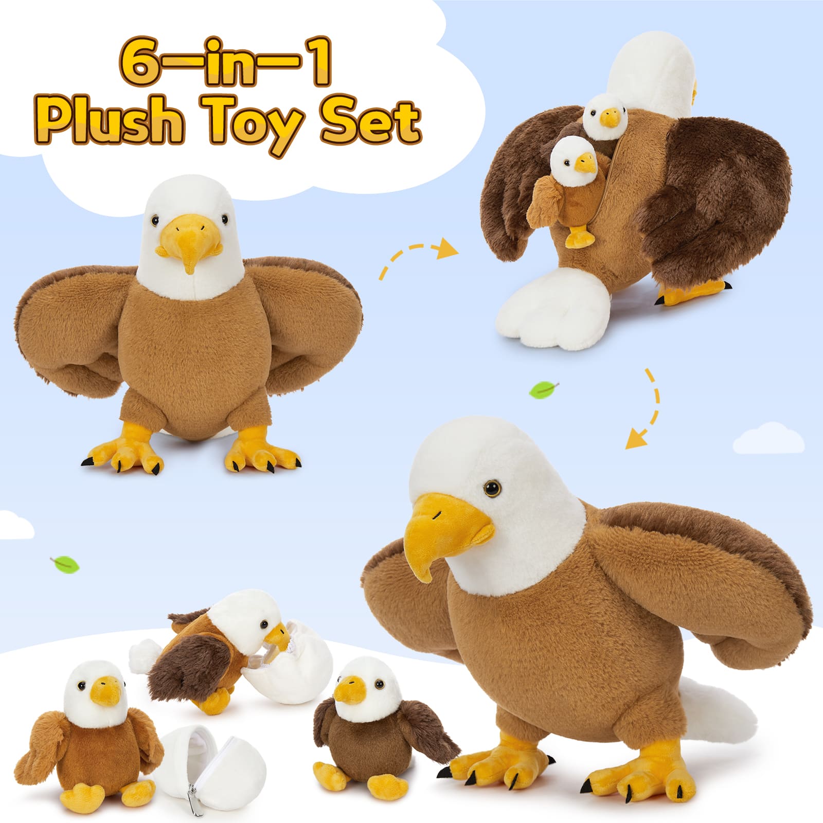 Bald Eagle Stuffed Animals - Eagle Plush Toys - Stuffed Animals with Babies in the Belly - Party Favors - Stuffed Animal Babies with their Mom - One Big Eagle with three Eagle Babies and Two Eggshells - Free Shipping