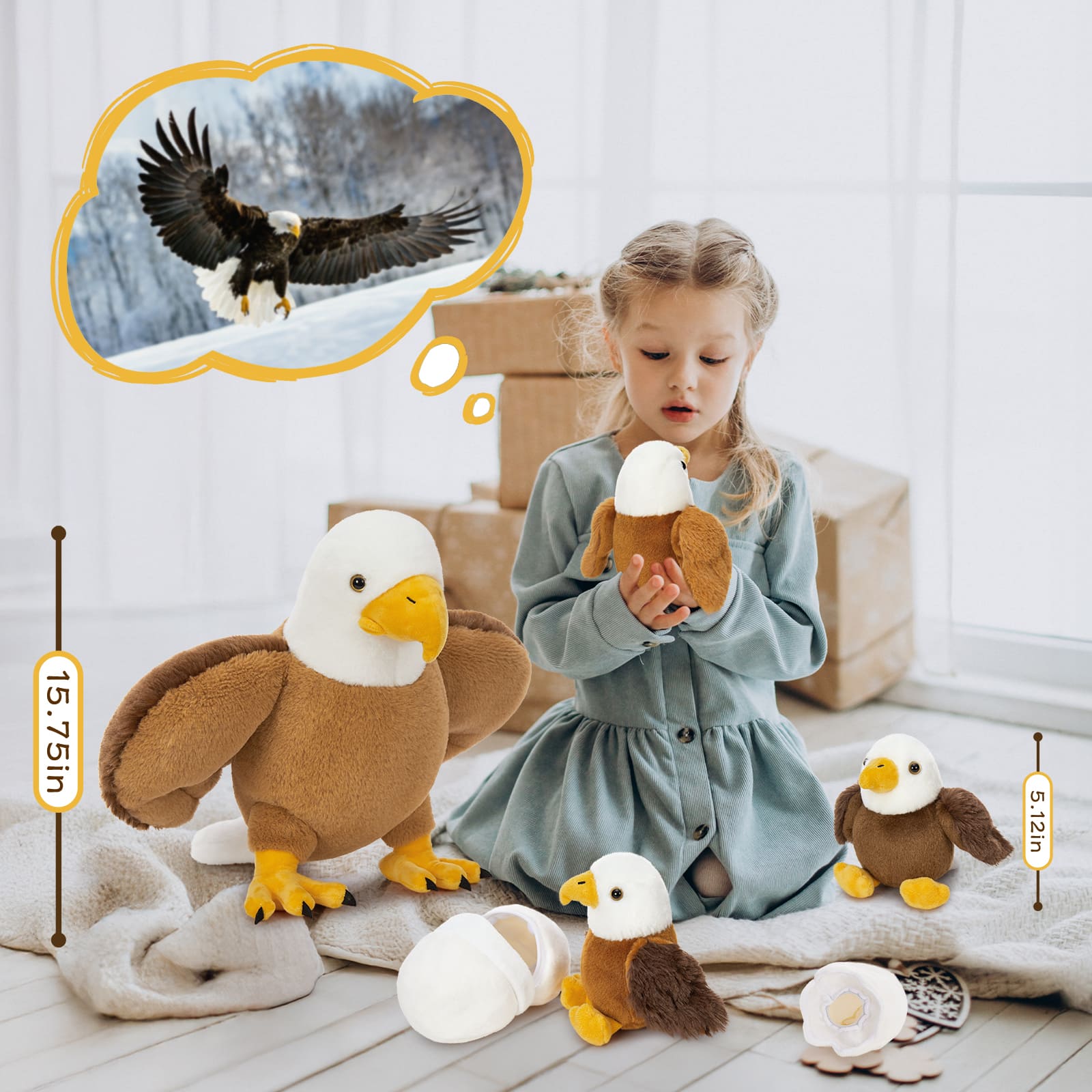 Bald Eagle Stuffed Animals - Eagle Plush Toys - Stuffed Animals with Babies in the Belly - Party Favors - Stuffed Animal Babies with their Mom - One Big Eagle with three Eagle Babies and Two Eggshells - Free Shipping