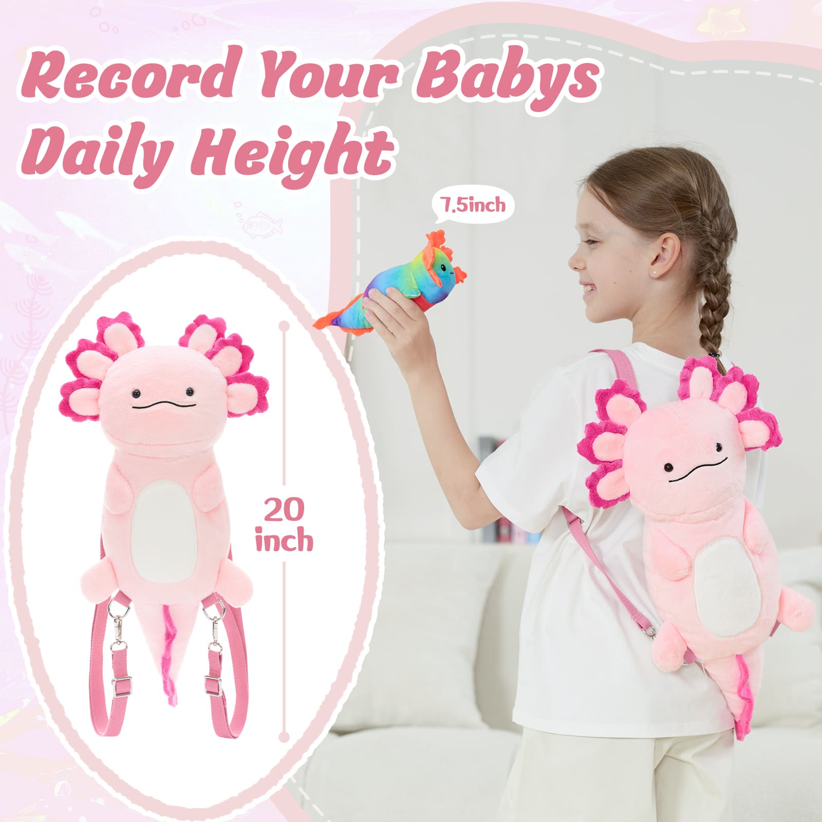 Plush Axolotl Backpack with Three Mini Axolotl Plushies Inside