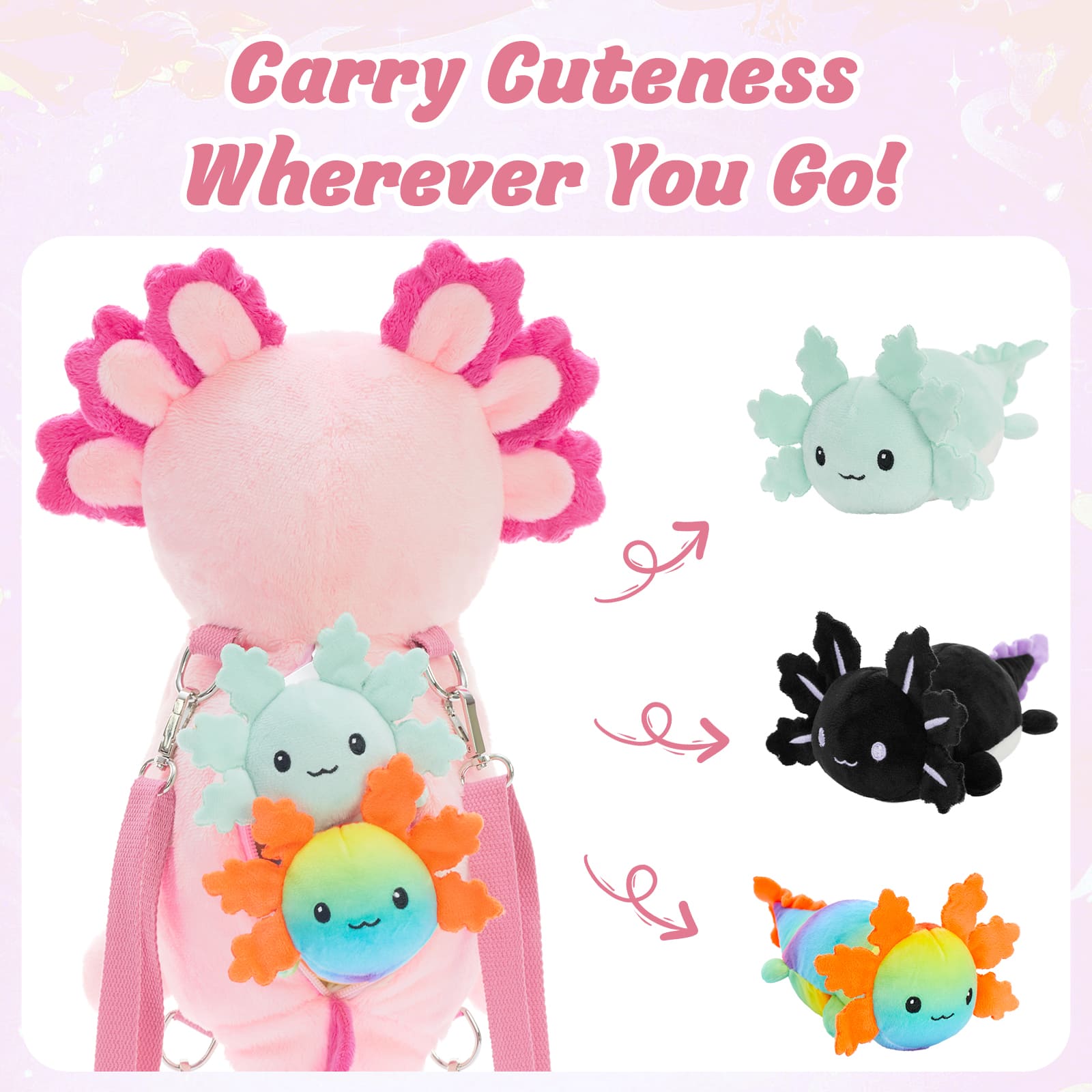 Plush Axolotl Backpack with Three Mini Axolotl Plushies Inside