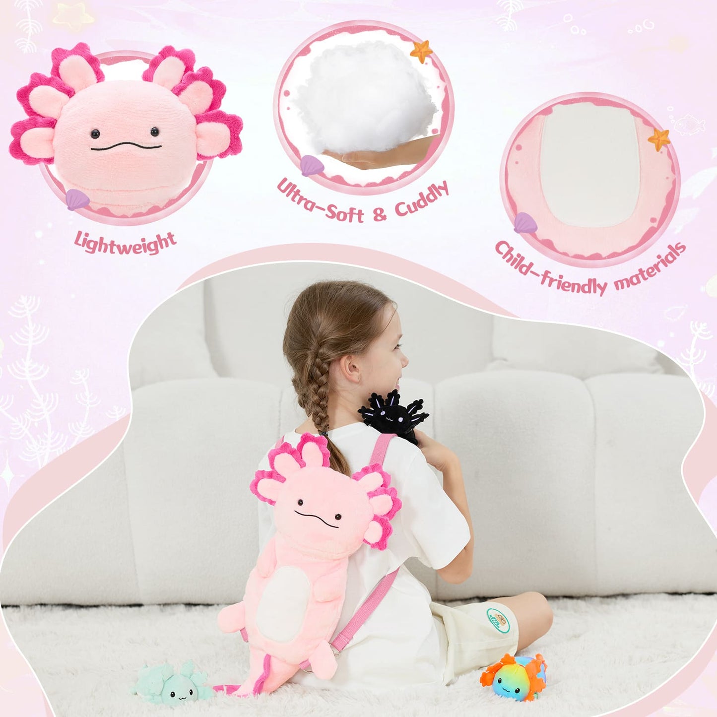 Child holding a pink axolotl plush toy with product features highlighted on a pink background.