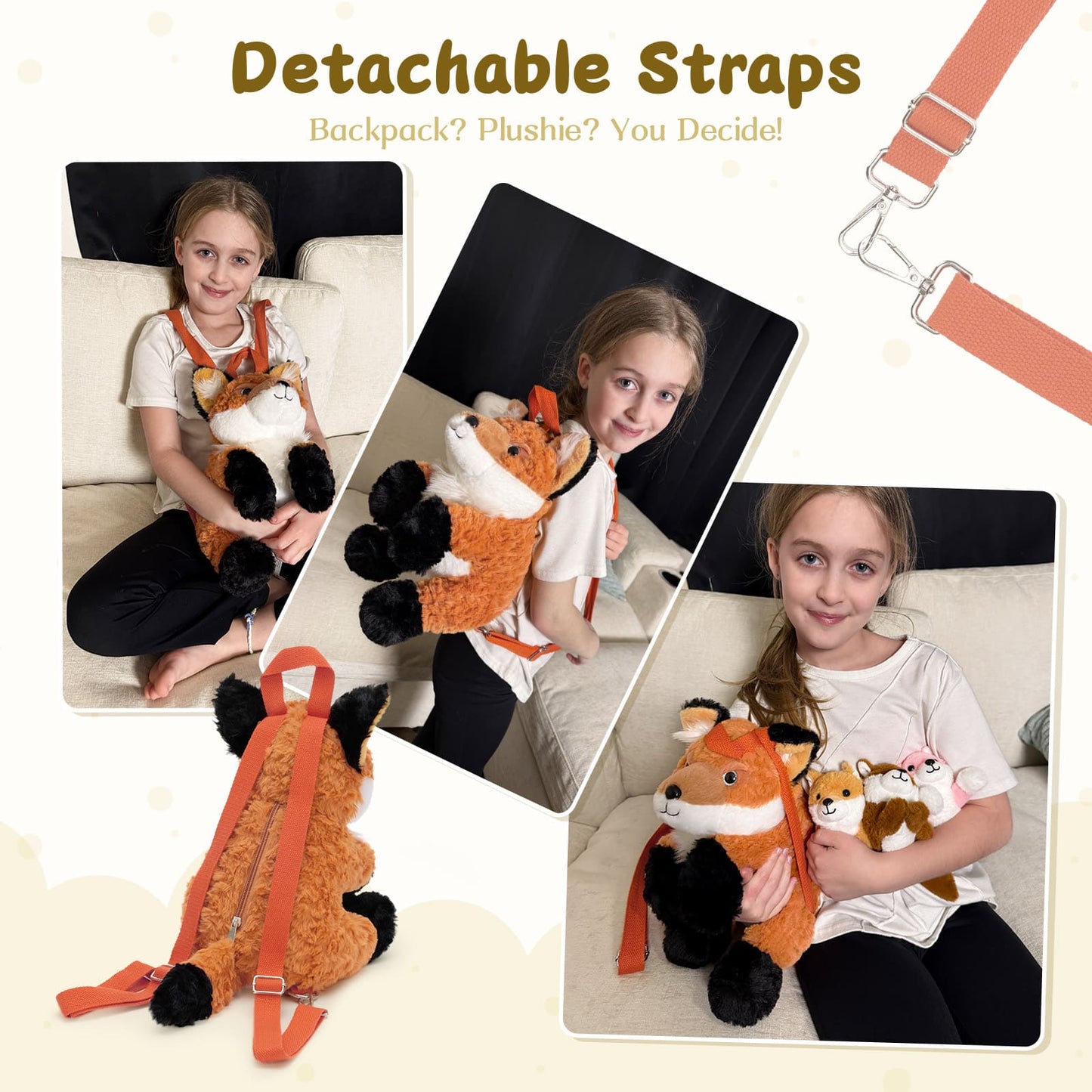 Adorable fox-themed backpack with three tiny plush foxes, playful and collectible