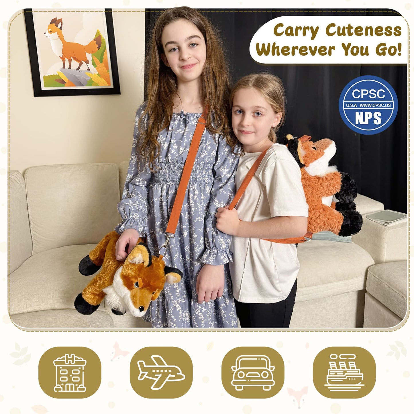 Fox Plush Backpack with Three Mini Fox Plushies Inside
