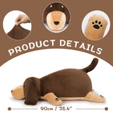 Brown dog-shaped pillow with product details on a brown background