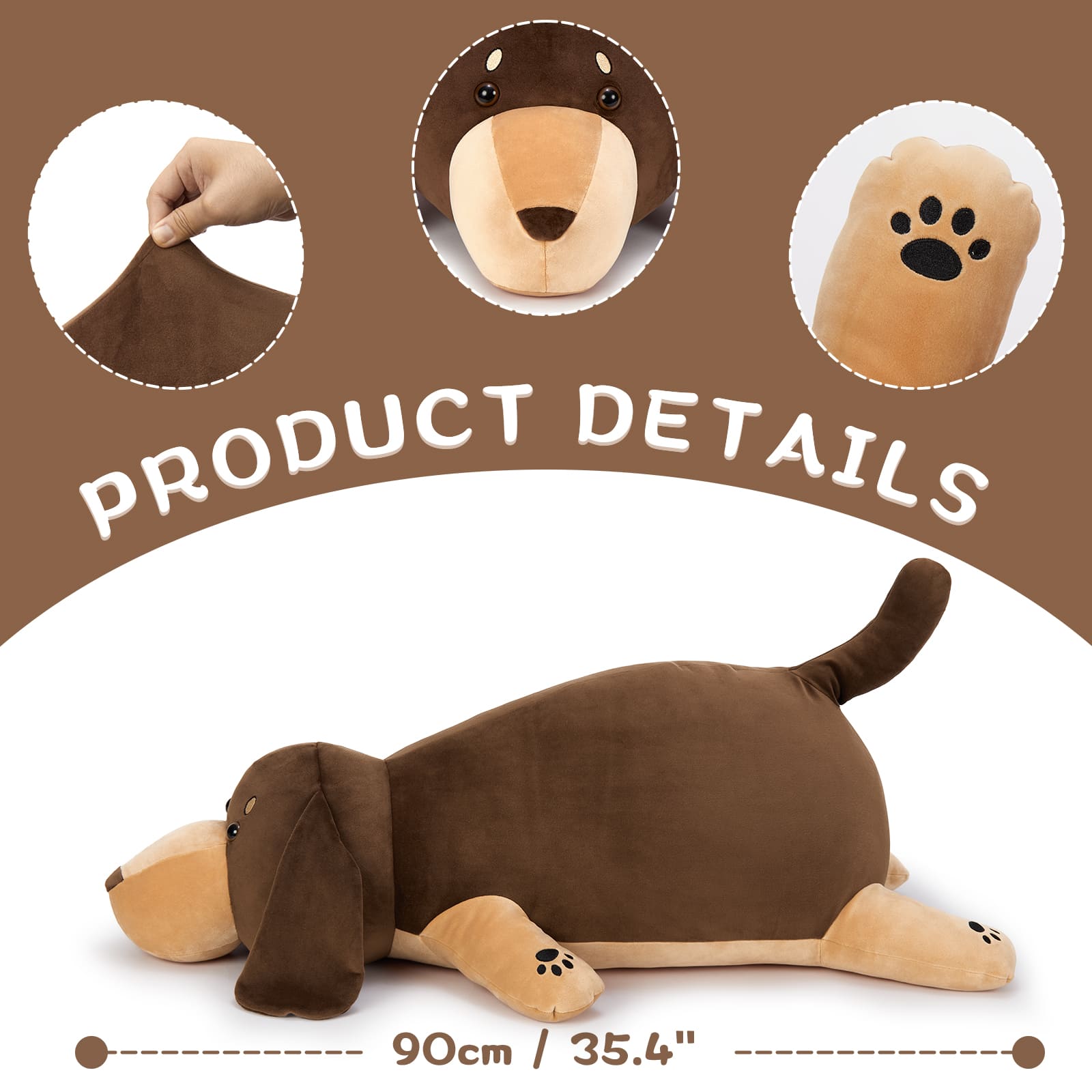 Brown dog-shaped pillow with product details on a brown background