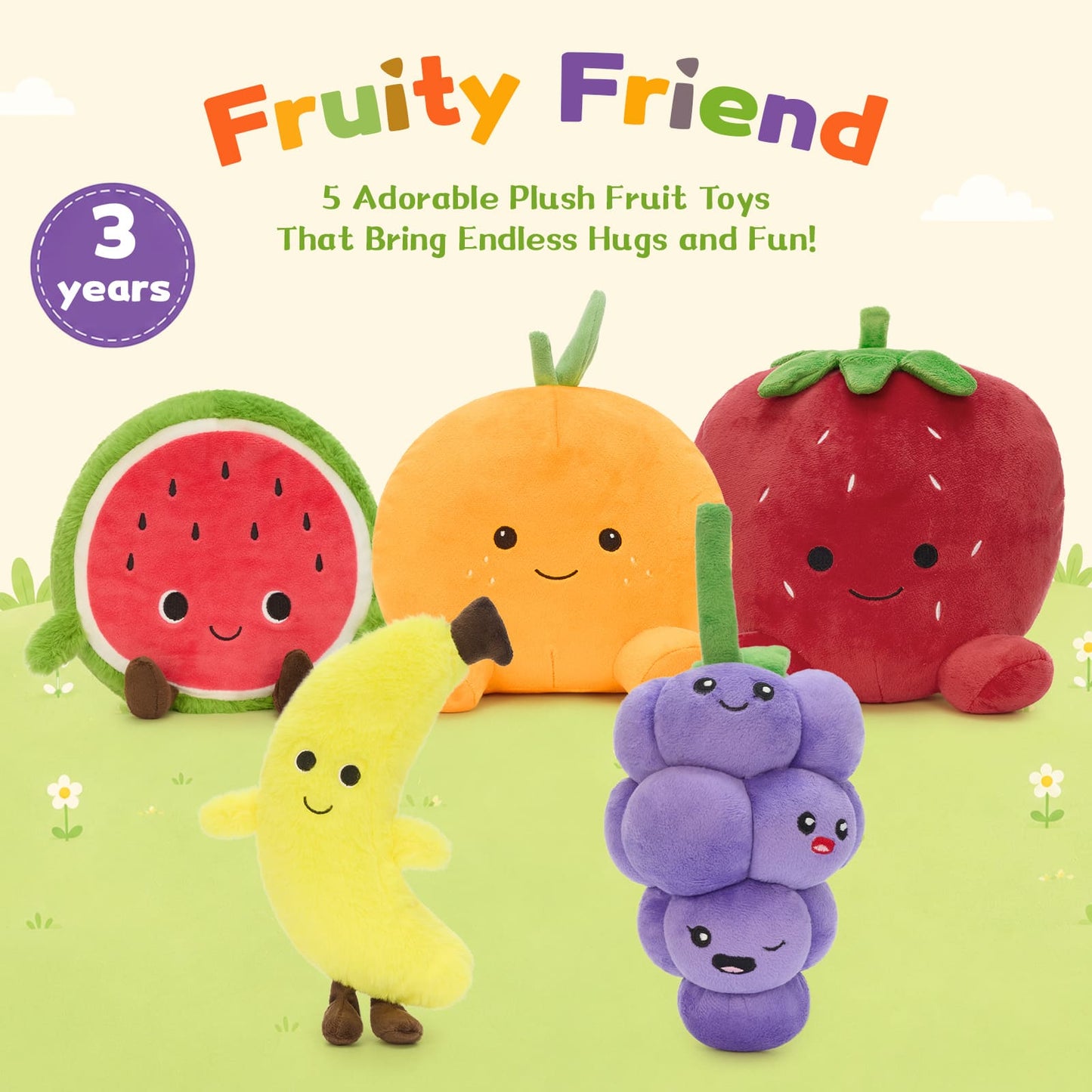 Kawaii fruit plush toys set with cute embroidered faces, bright colorful designs, and soft stuffed pillow shapes, ideal for kids birthday gifts, toddler cuddle toys, baby nursery decorations, plush fruit collection, classroom prizes, and cozy bedroom decor.