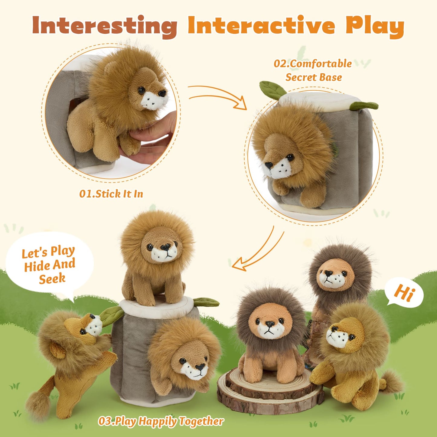 Soft lion plush doll with detailed mane and storage cube used as cute bedroom decor and toy