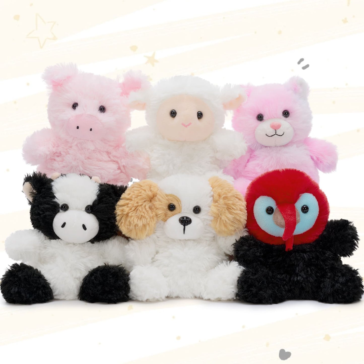 6 Pcs Farm Plush Toy Assortment - 4.7 Inches Weighted Stuffed Animals - Chick/Dog/Cat/Lamb/Cow/Pig Mini Plush Animals - Emotional Support Plush