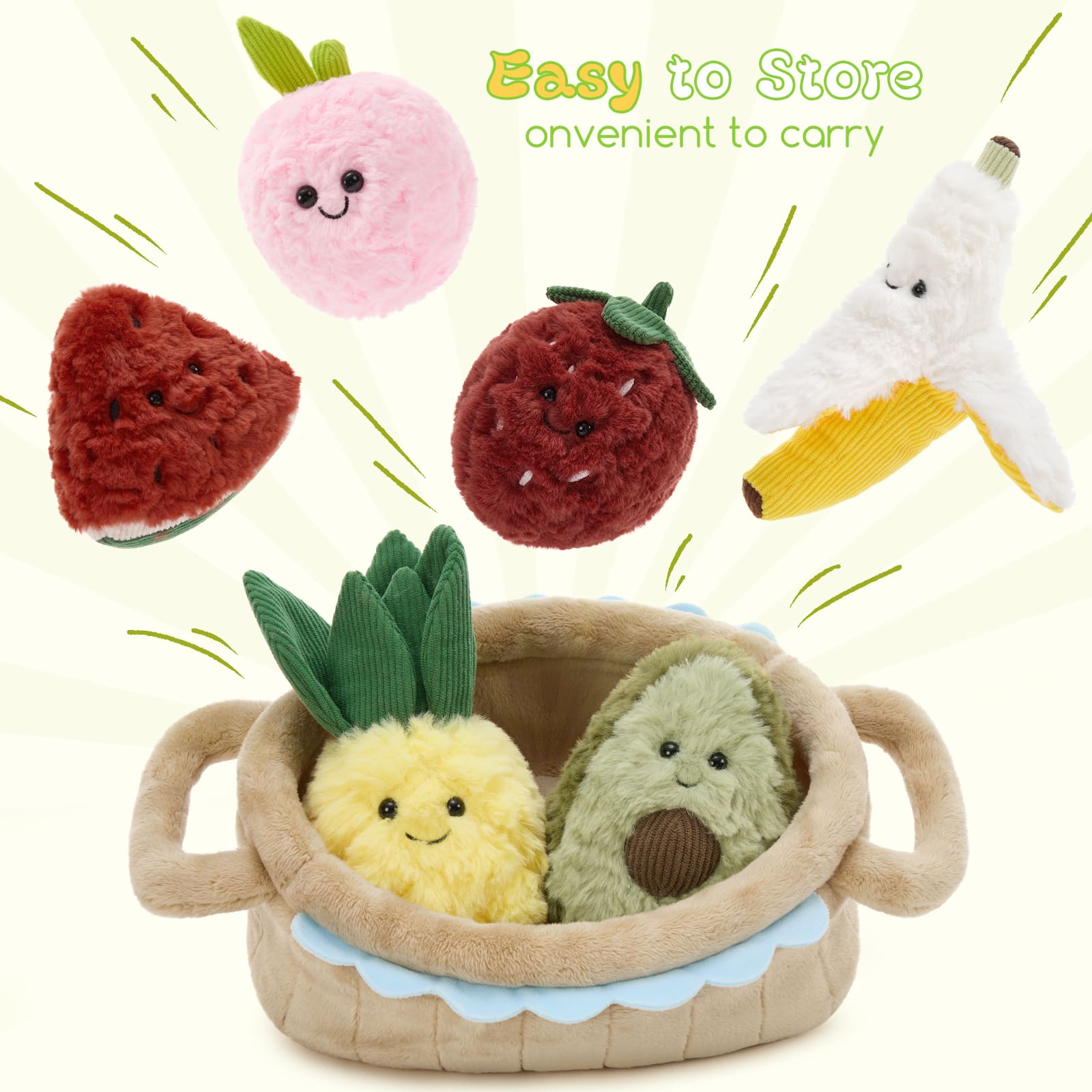 Plush Basket with 6 Stuffed Fruit Toys, 15.7 Inches