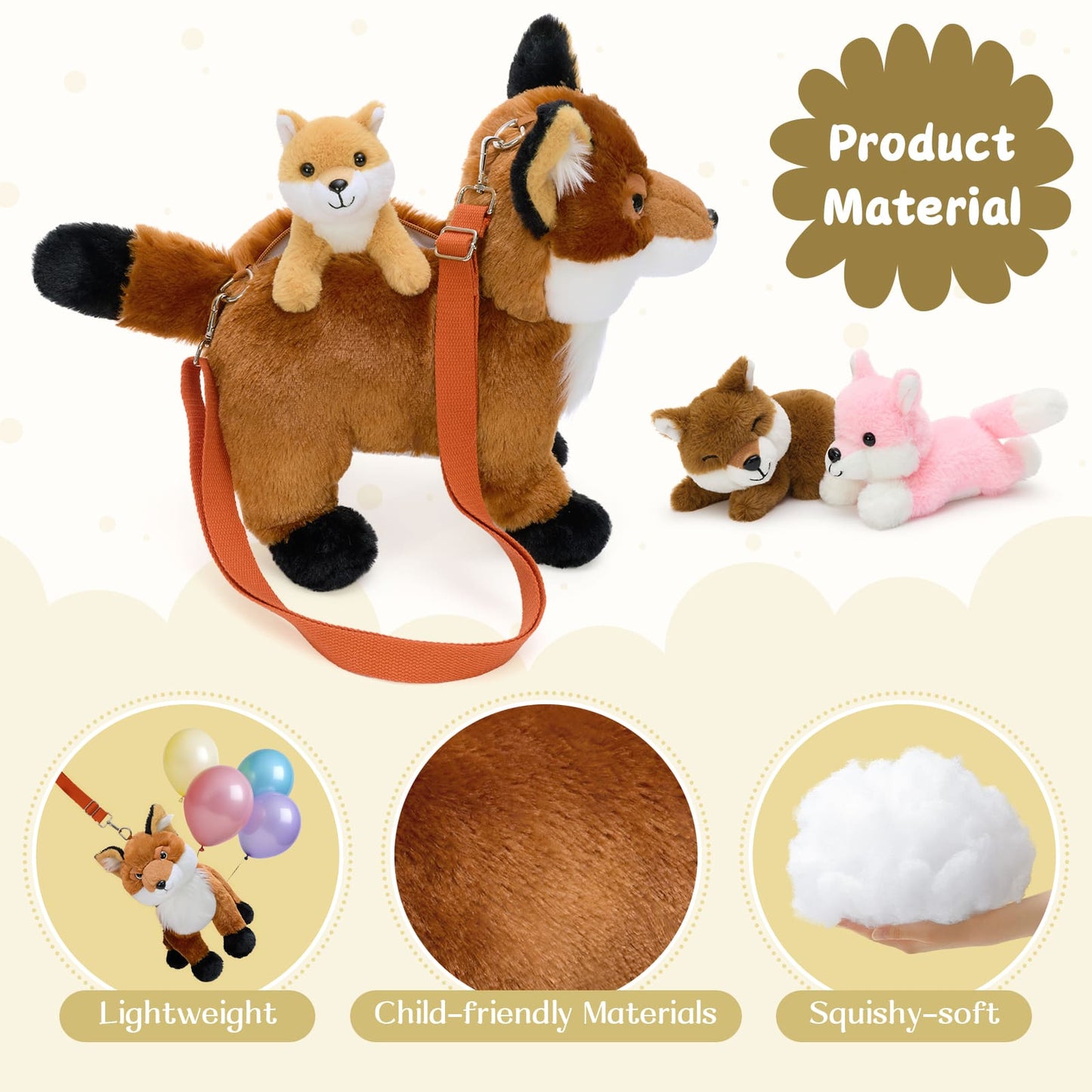 Soft fox plush crossbody bag with three mini plush foxes inside, perfect for kids, school, outings, or as a charming gift for children and plush enthusiasts