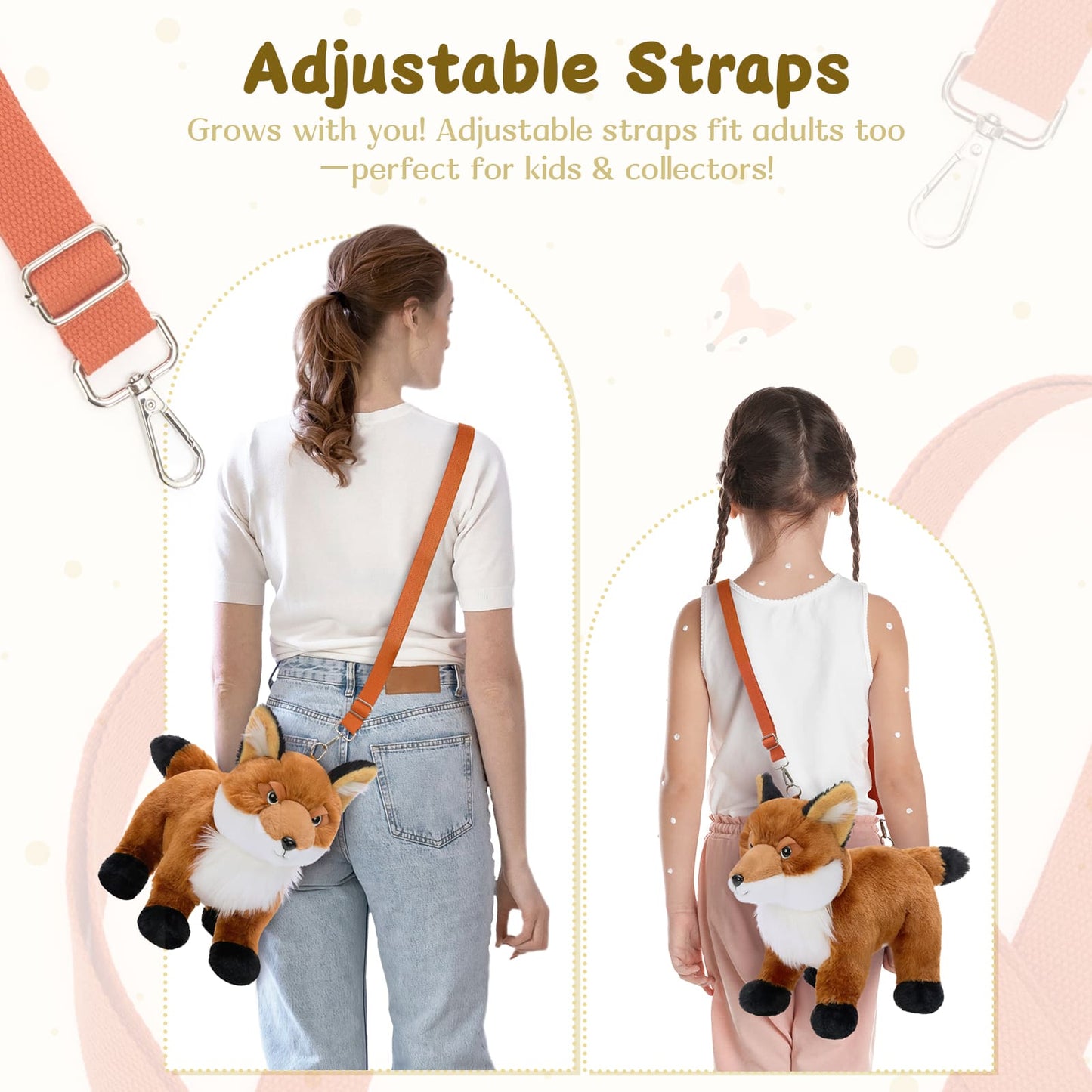 Soft fox plush crossbody bag with three mini plush foxes inside, perfect for kids, school, outings, or as a charming gift for children and plush enthusiasts