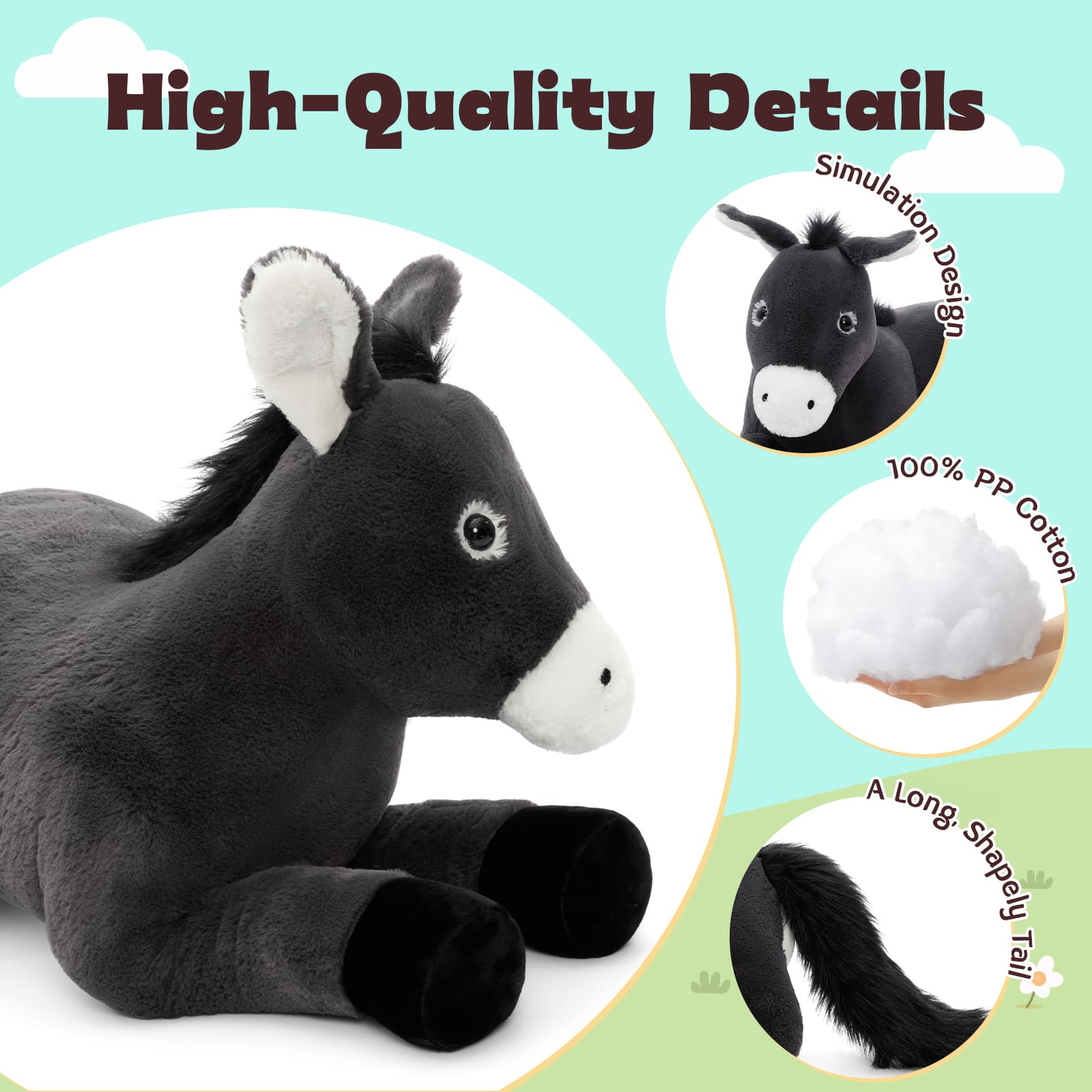 43.3" Giant Plush Donkey Stuffed Animal Large Farm Animal Pillow Toy