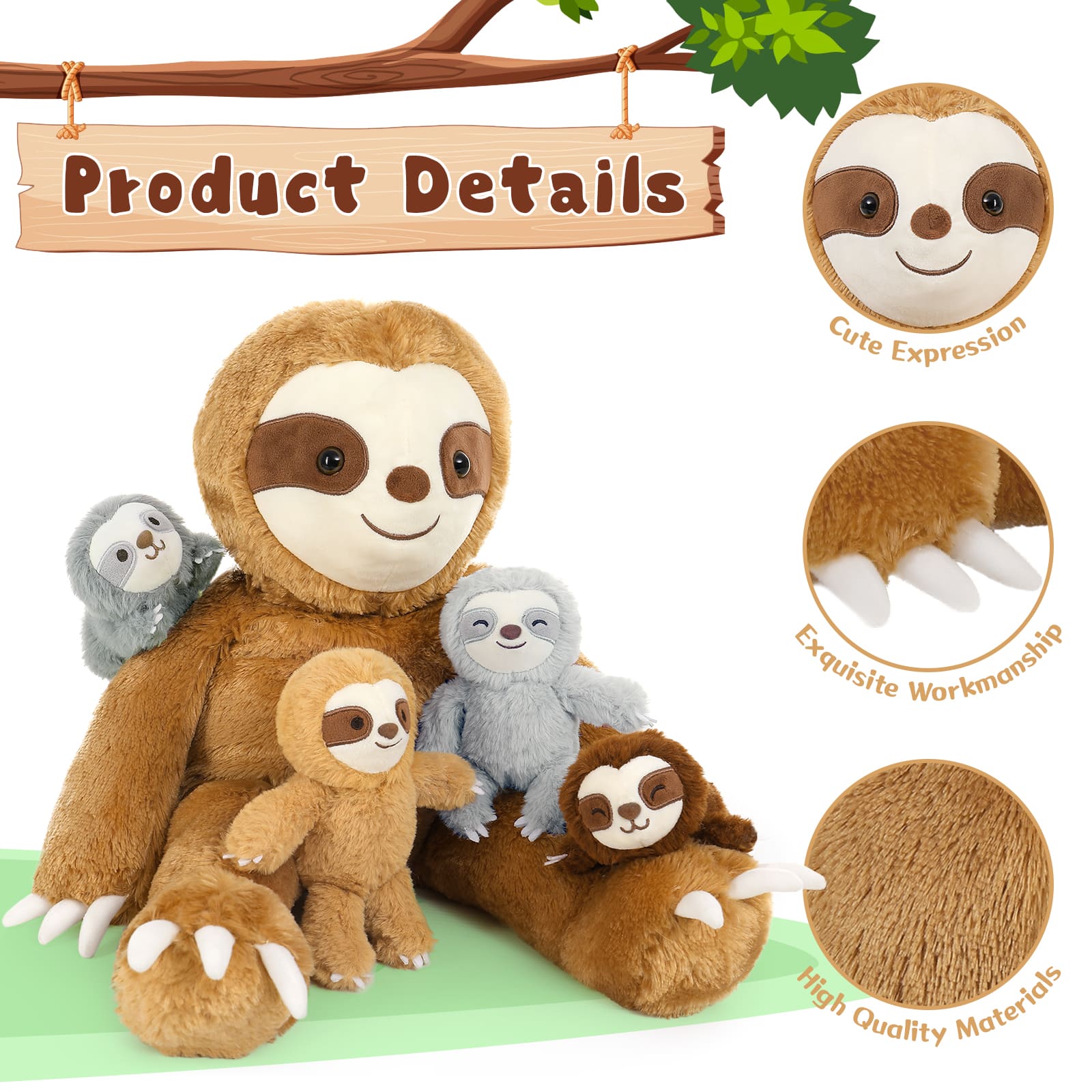 Stuffed Sloth with Four Baby Sloth Plushies Inside, Dark Brown, 24 Inches
