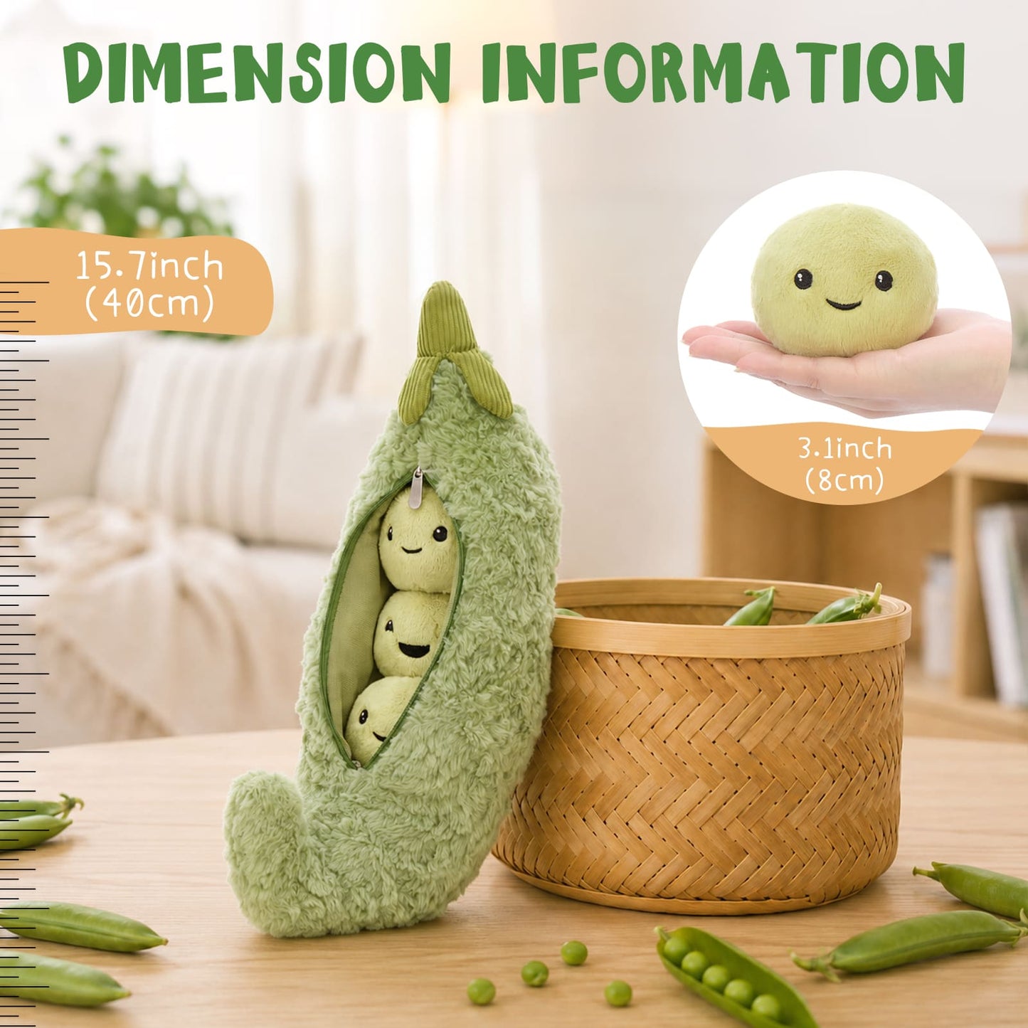 Ultra soft pea pod plush pillow with removable smiling bean plush characters, comforting cuddle plush toy designed for stress relief, emotional comfort, cute desk decoration, and plush lovers