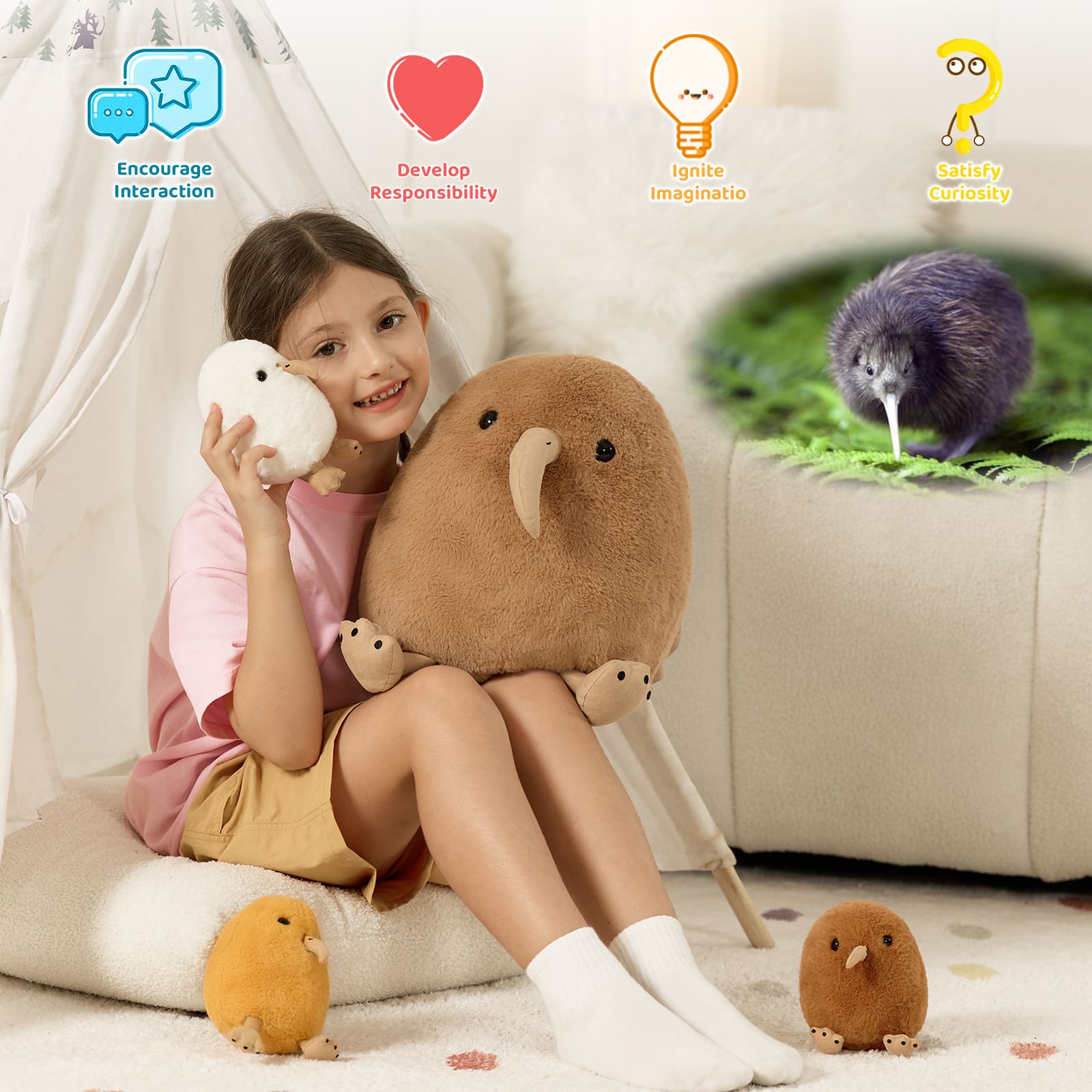 Stuffed Kiwi Bird with Three Kiwi Babies, Brown, 12 Inches